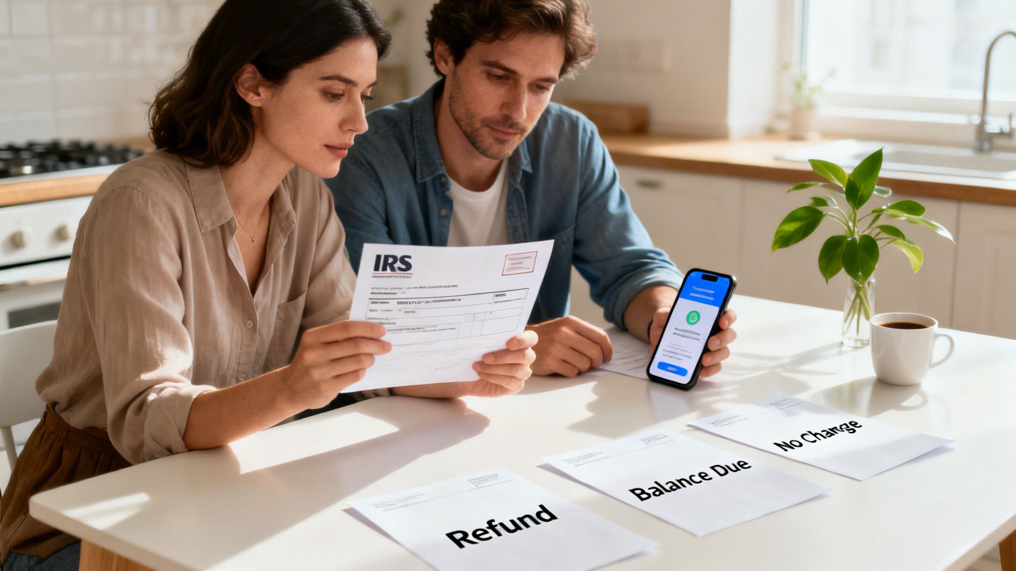 Couple reviews IRS tax documents and phone app for amended tax return status.