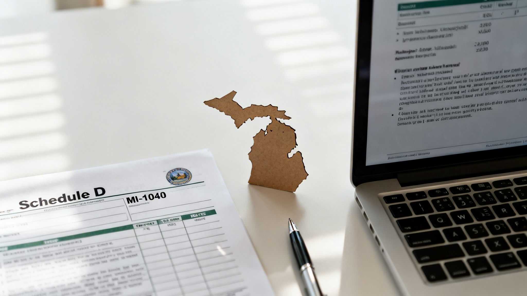 A desk with Michigan tax forms, a laptop, pen, and a Michigan state cutout.
