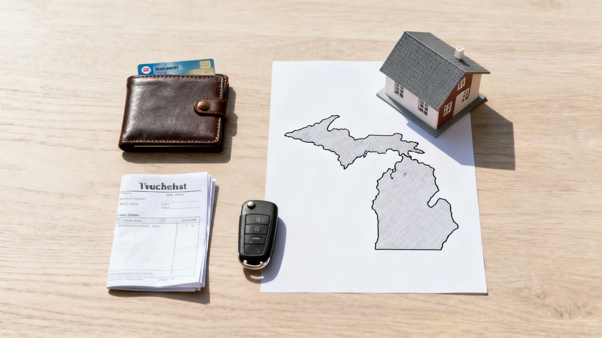 Overhead view of a wallet, car key, stack of papers, small model house, and Michigan map on a wooden table.