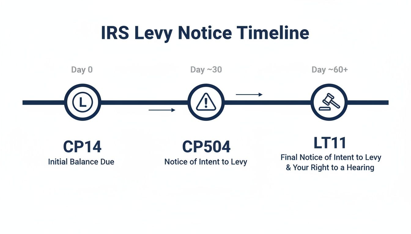 Timeline illustrating the IRS levy notice process, from initial balance due to final notice and hearing.