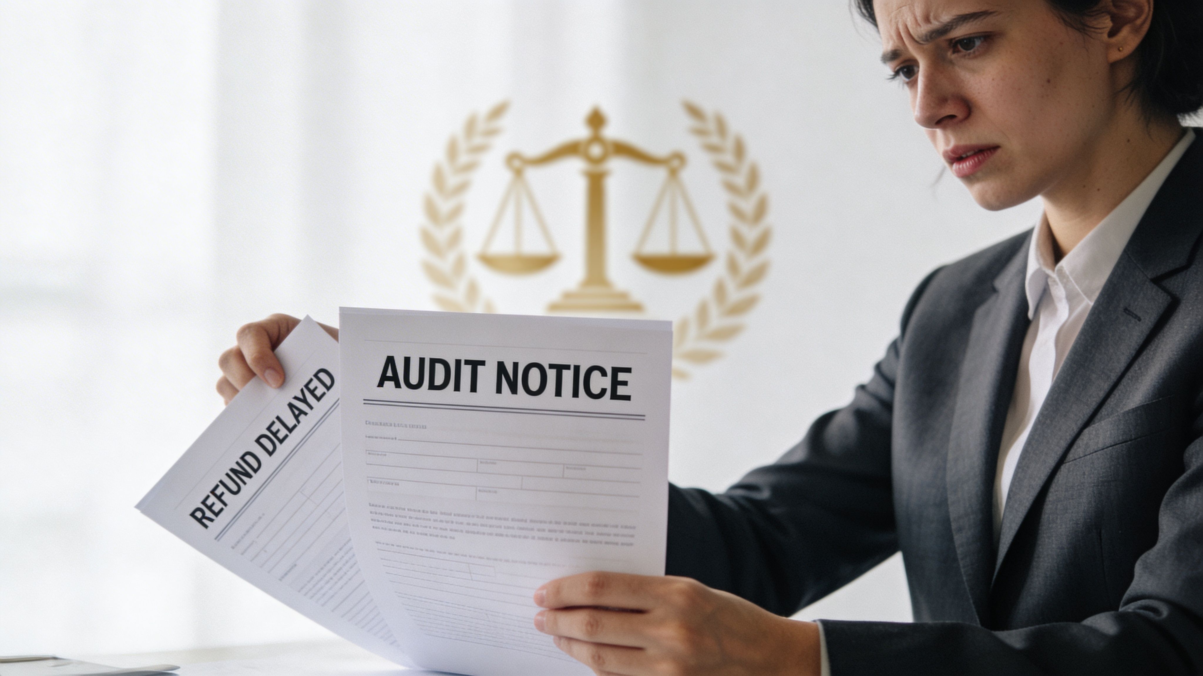 A concerned woman in a business suit holding papers labeled Audit Notice and Refund Delayed.