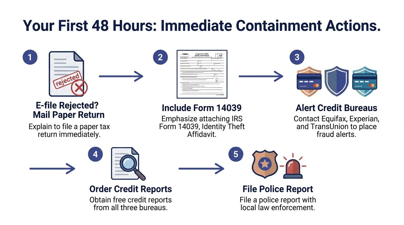 A step by step infographic showing immediate containment actions for identity theft and tax fraud victims.