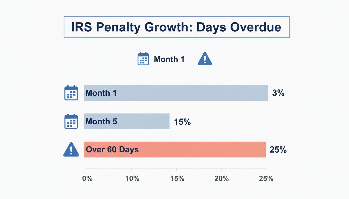 Bar chart illustrates IRS penalty growth: 3% for month 1, 15% for month 5, and 25% over 60 days overdue.