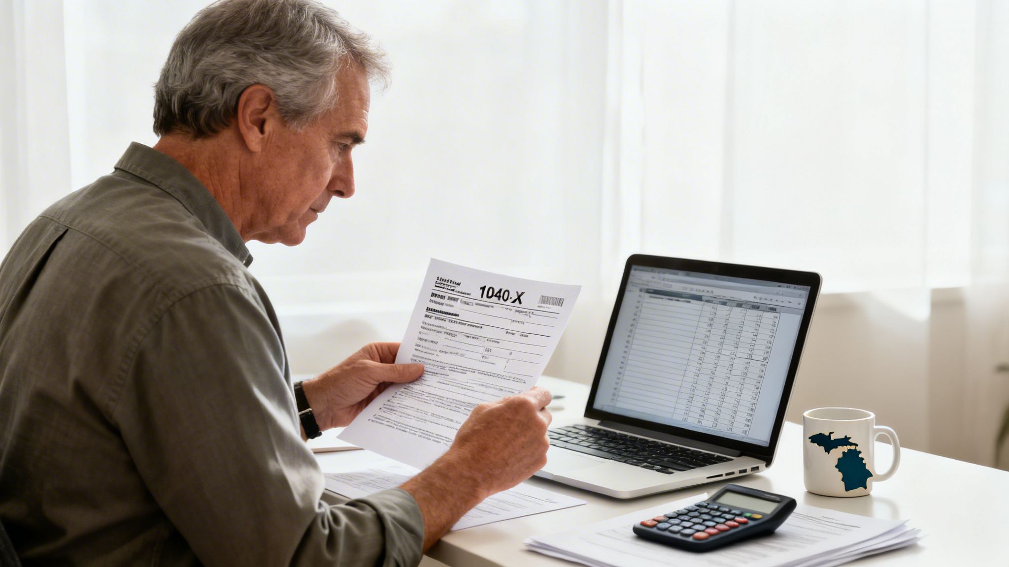 A senior man reviewing a 1040-X tax form while working on a laptop at a desk.
