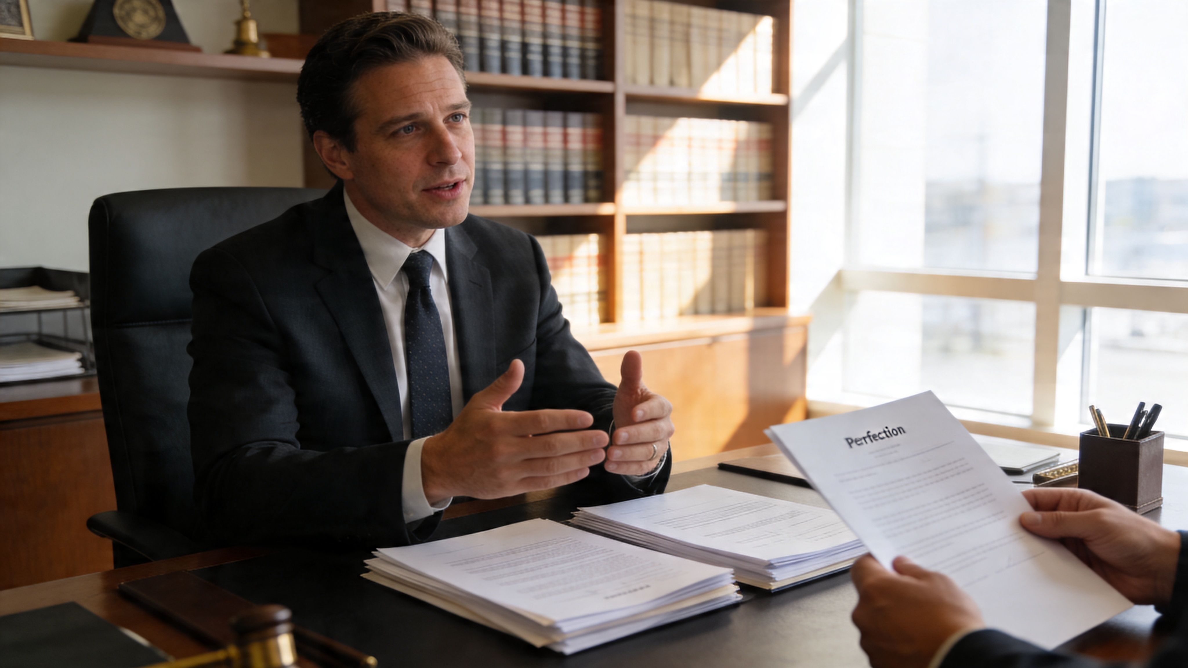 A professional lawyer sitting in his office desk while discussing legal documents during a business meeting.