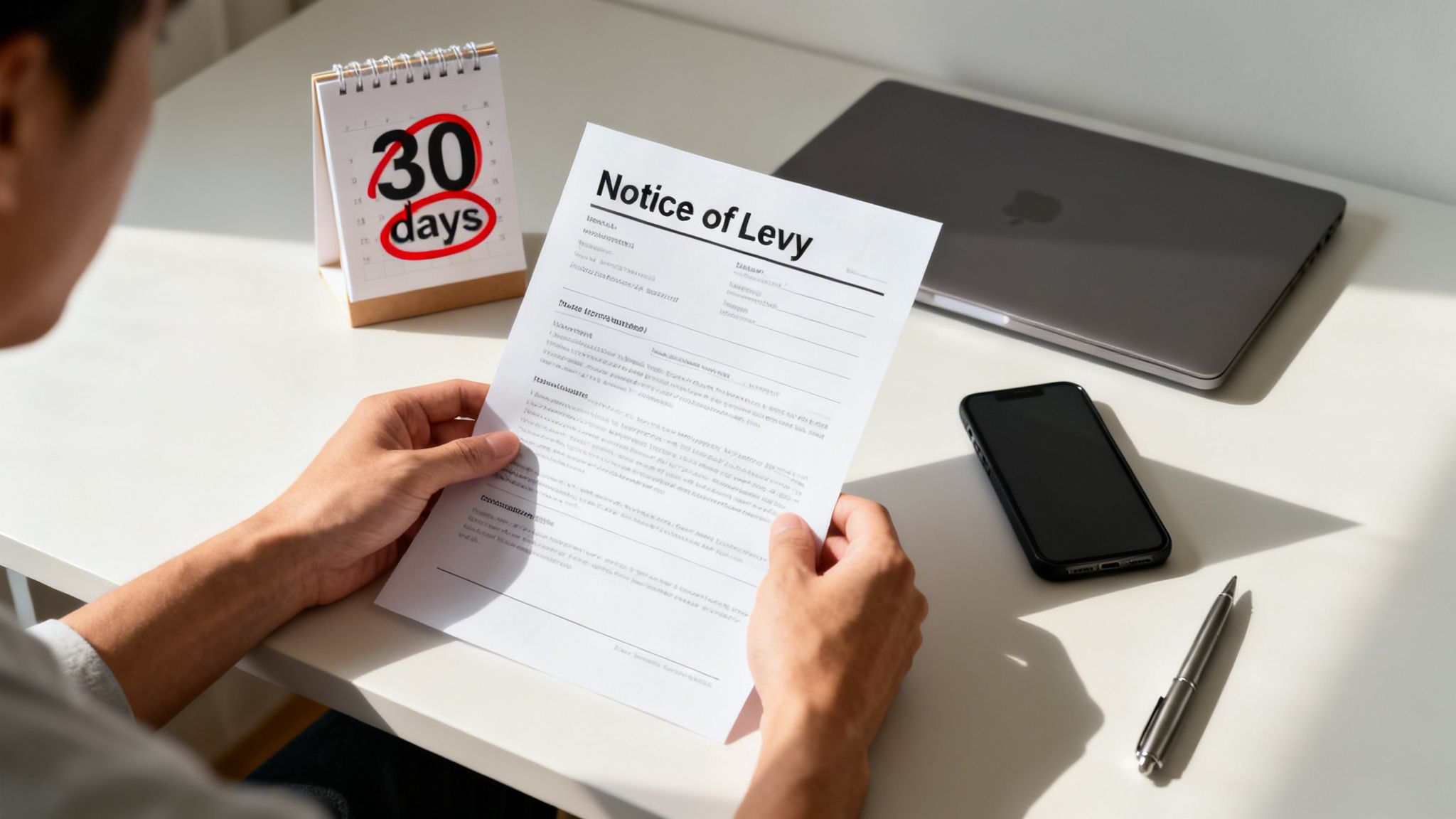 A person reads a Notice of Levy document with a calendar showing 30 days, laptop, and phone on a desk.