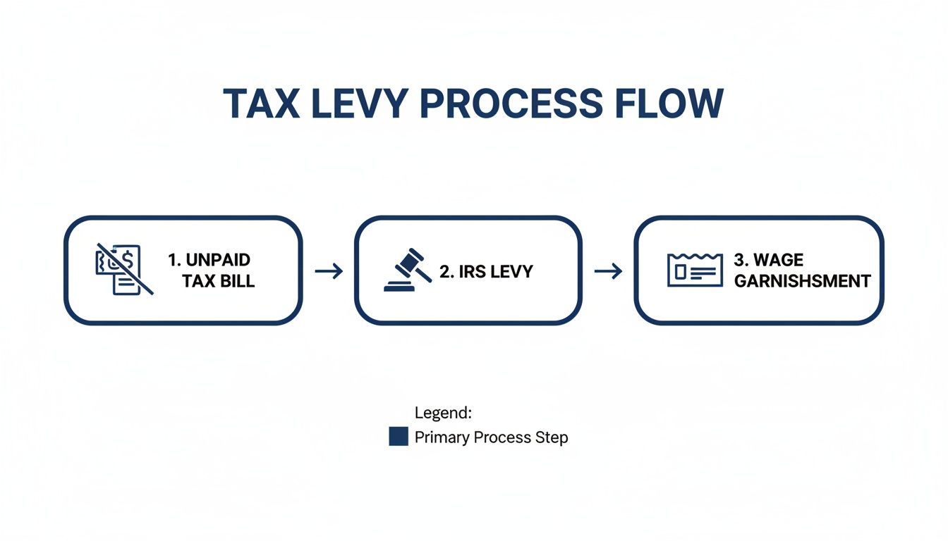 Flowchart illustrating the tax levy process from unpaid tax bill to IRS levy and wage garnishment.