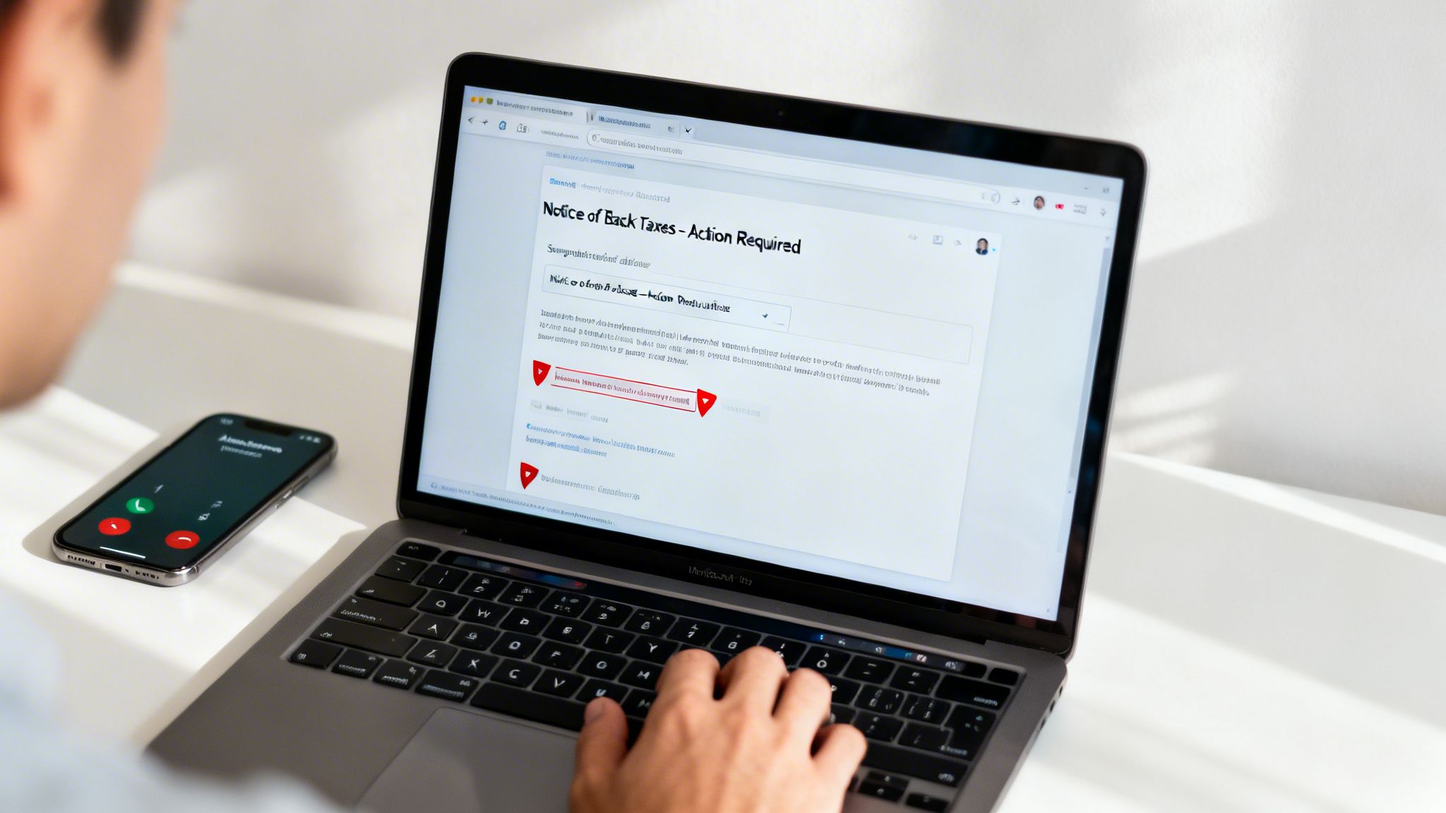 A person's hands on a laptop keyboard viewing a "Notice of Back Taxes" message, with a smartphone receiving a call.