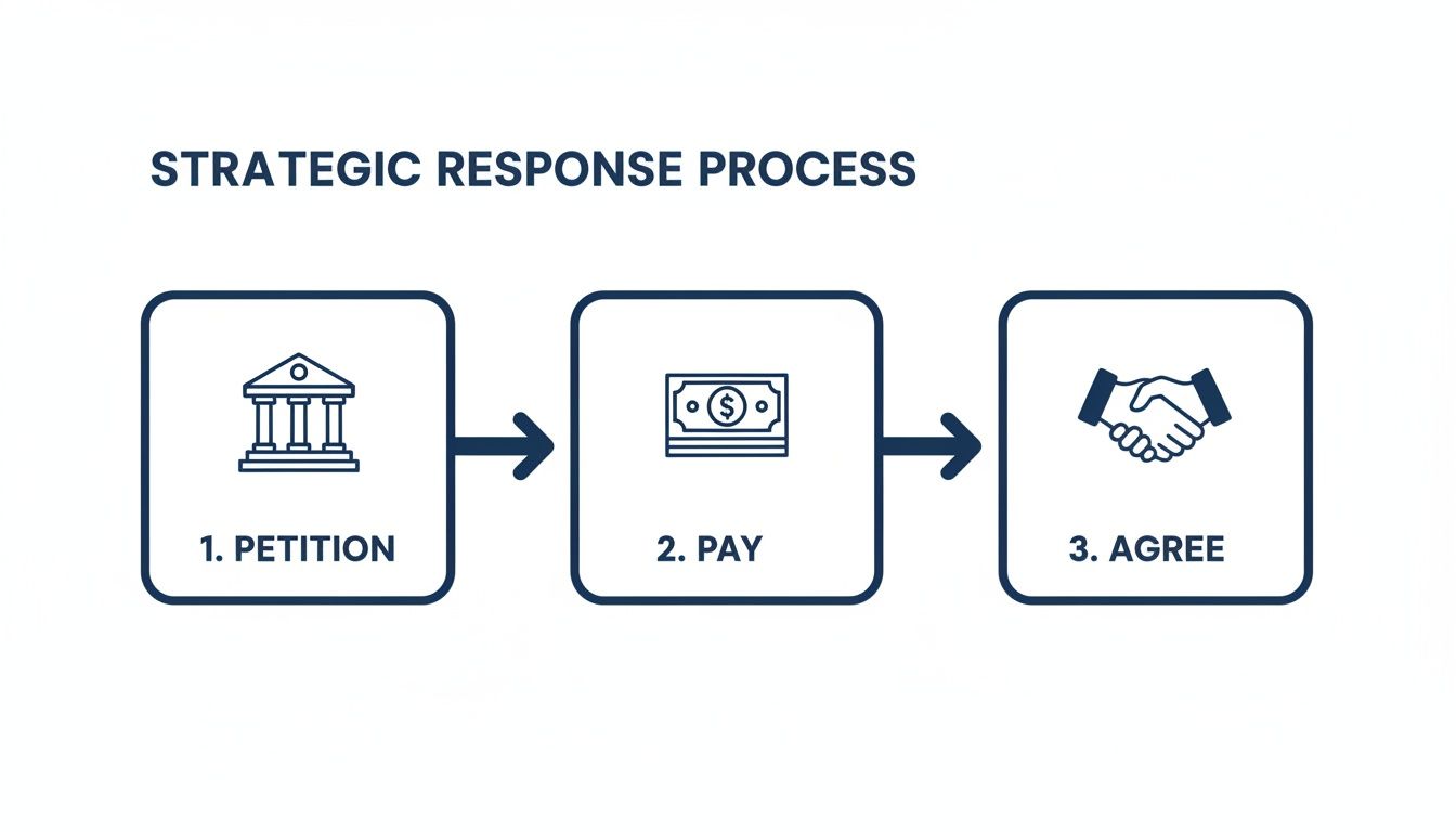 Flowchart illustrating a strategic response process with three steps: Petition, Pay, and Agree.