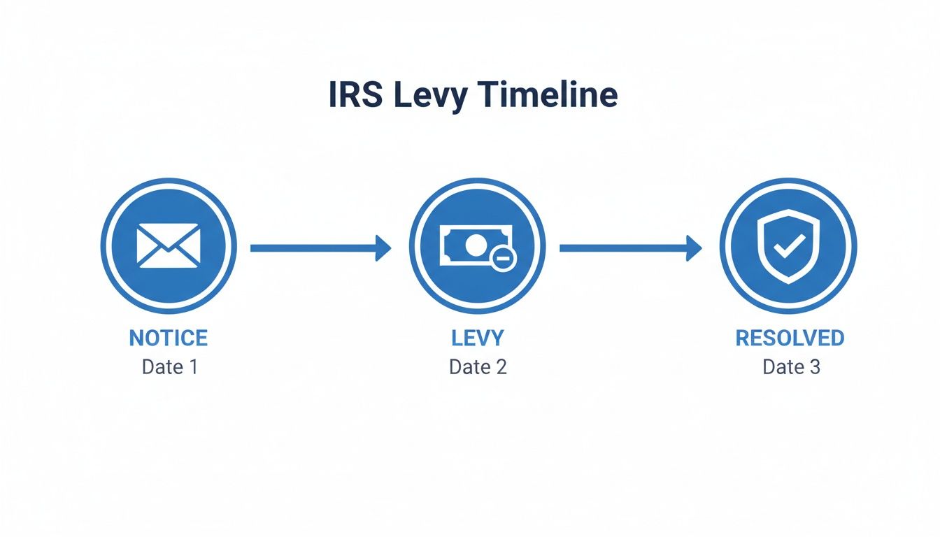 An IRS levy timeline illustrating the stages from initial notice to the final resolution of a tax levy.
