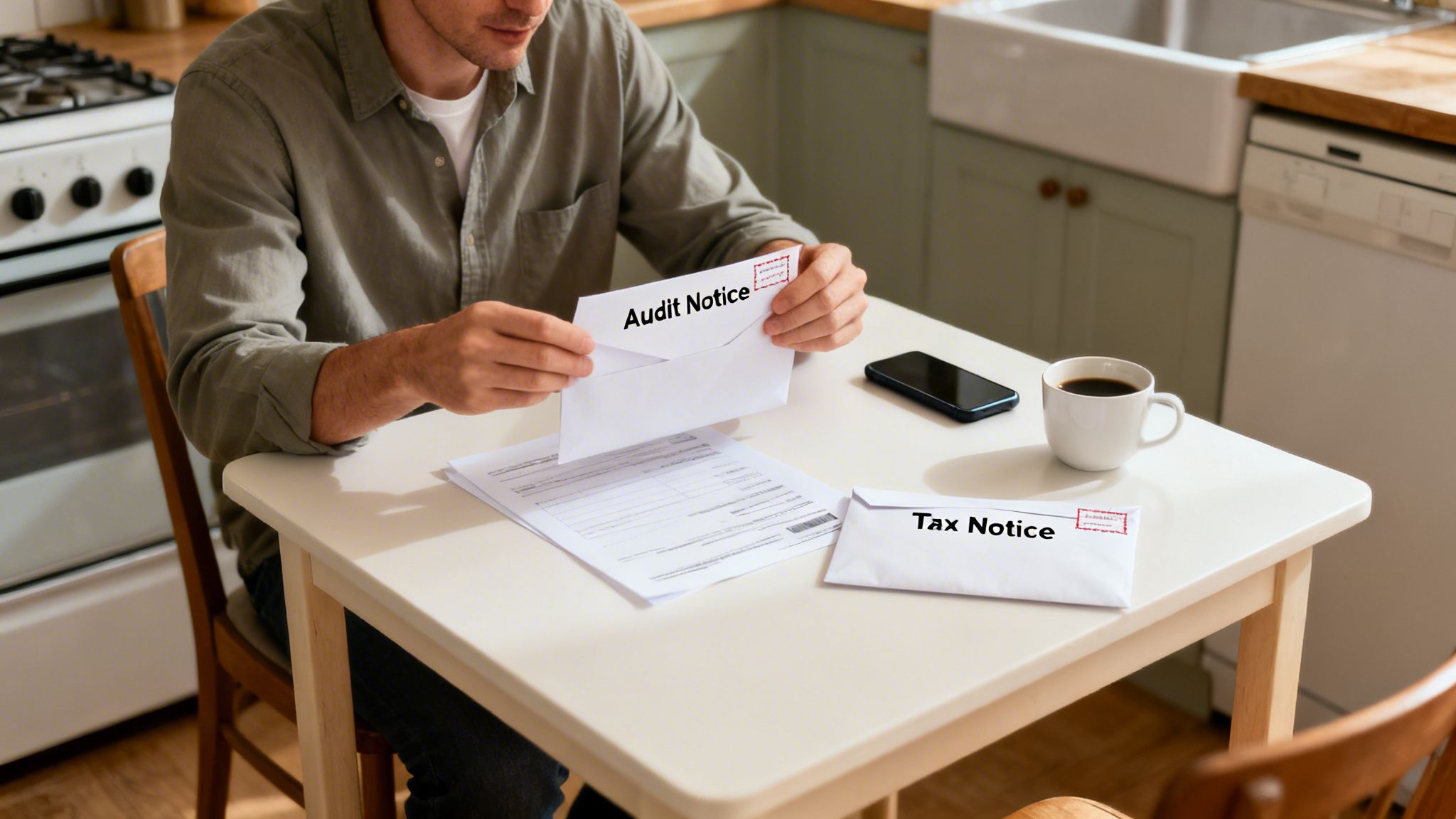 A man in a kitchen opens an 'Audit Notice' envelope, with a 'Tax Notice' envelope nearby.