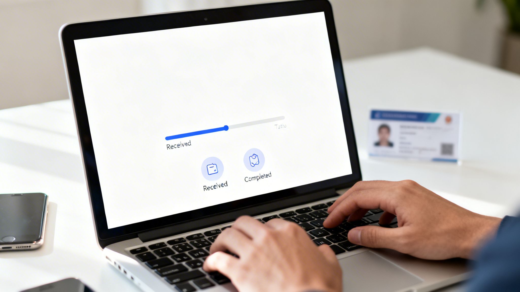 A man tracks an online application status on a laptop, displaying 'Received' progress, with an ID card and smartphone nearby.