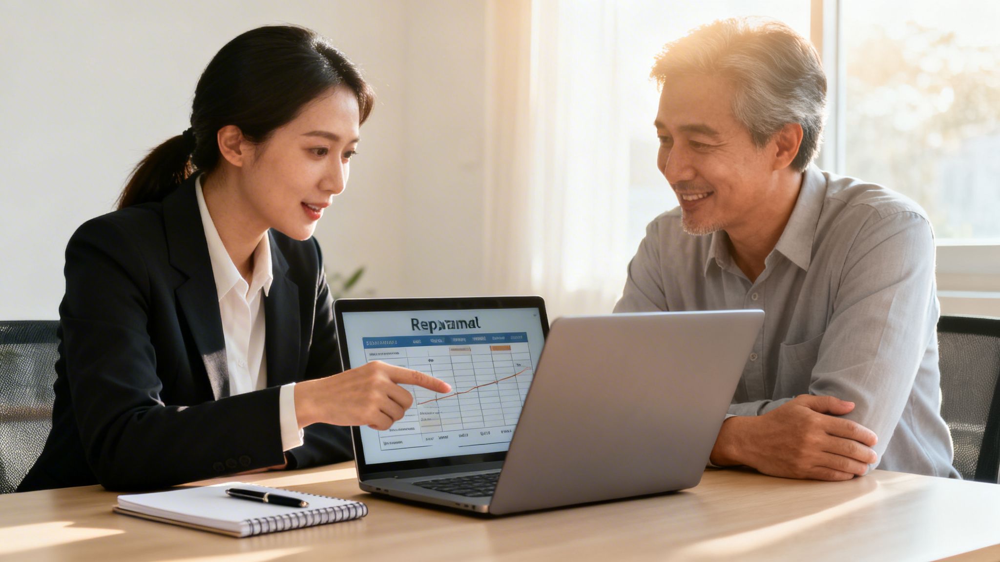 Two smiling Asian professionals, a young woman and an older man, discuss a financial report on a laptop.