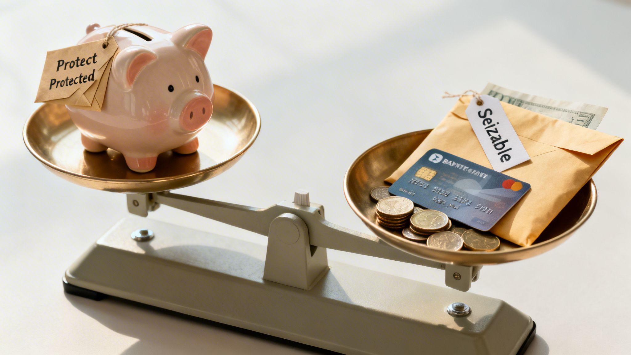 A balance scale comparing a protected piggy bank with seizable assets like cash, coins, and a credit card.