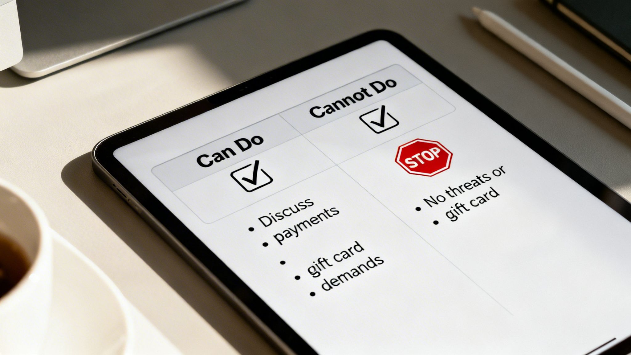 A tablet displays a checklist of 'Can Do' and 'Cannot Do' items regarding payments and demands.