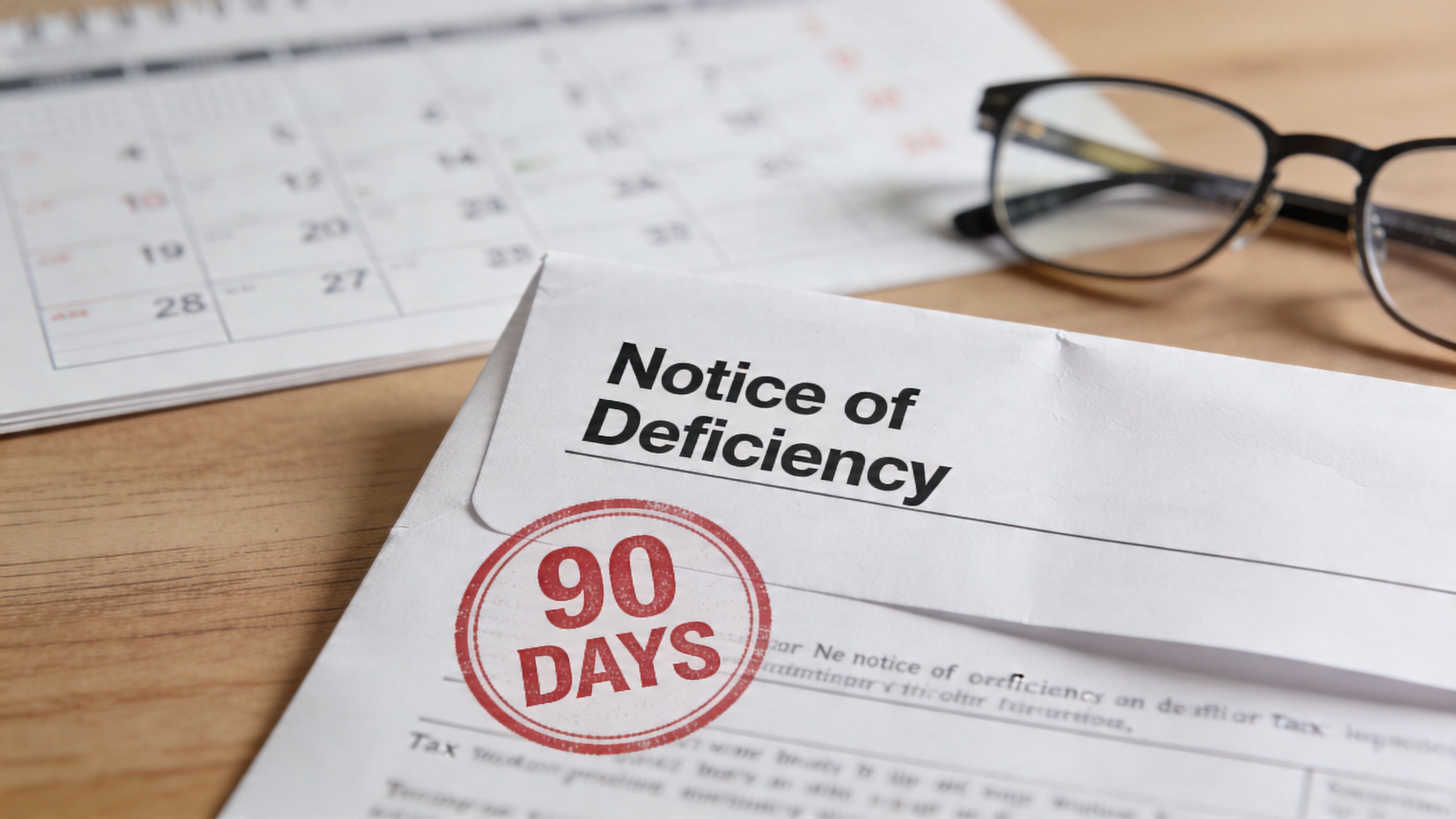 A Notice of Deficiency document with a 90 day stamp, reading glasses, and a calendar on a desk.