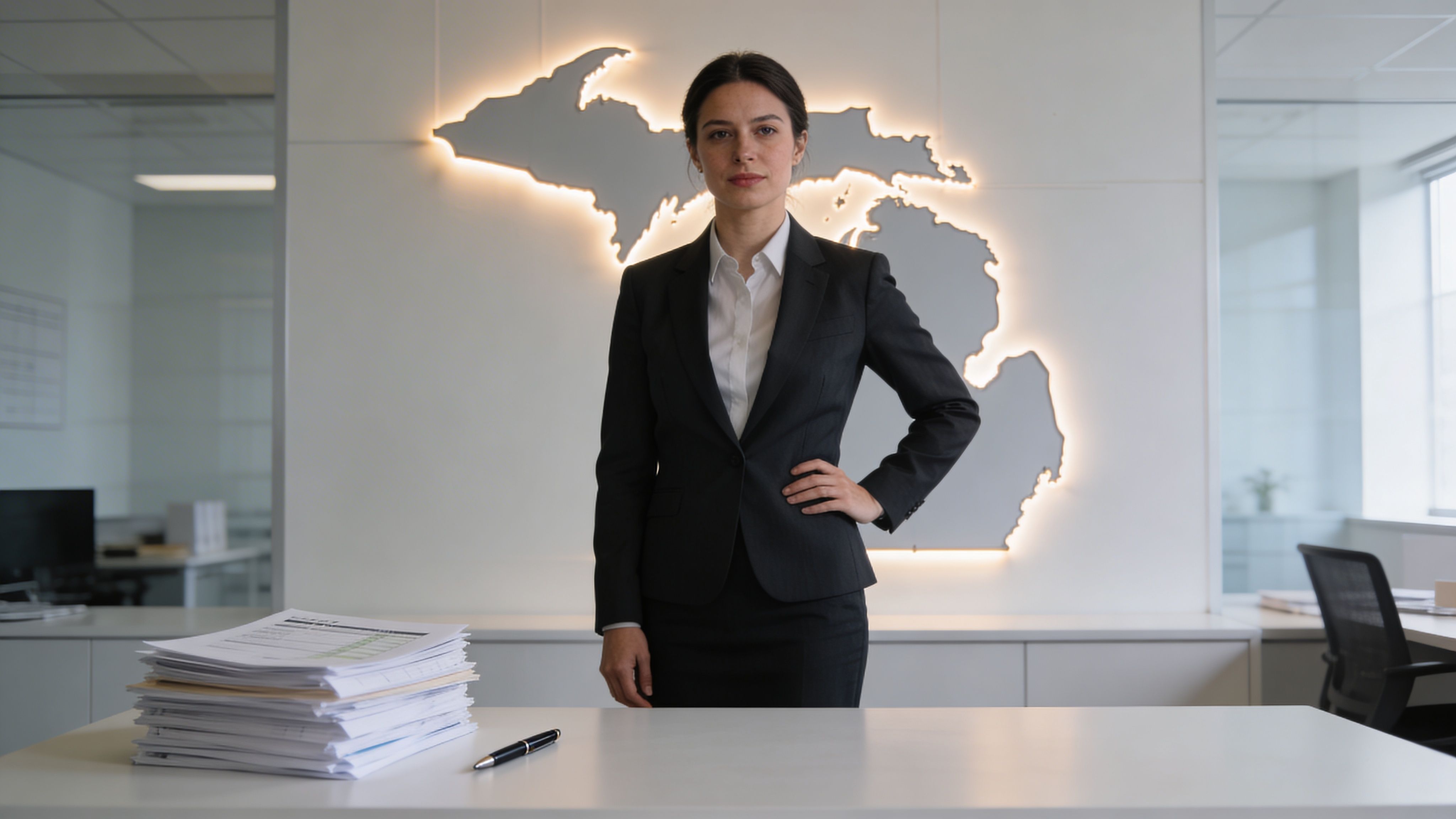 A professional woman in a suit standing in an office in front of a Michigan state map.