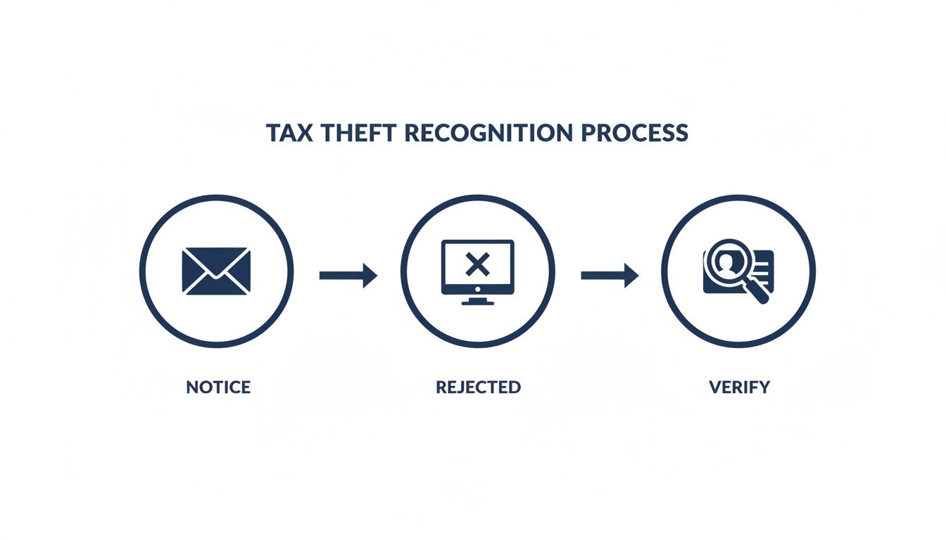 Flowchart illustrating the tax theft recognition process with steps: notice, rejected, and verify.