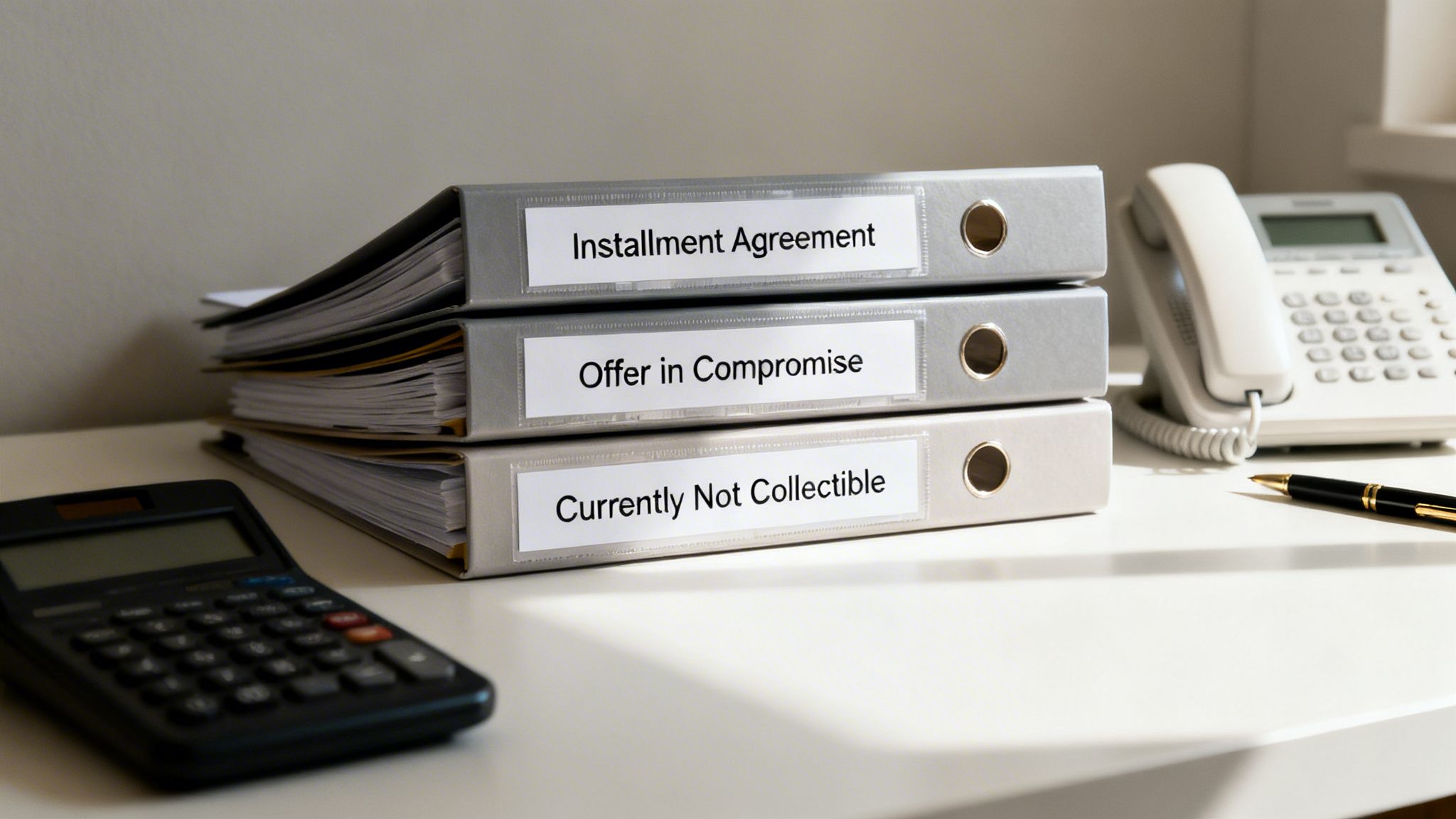 Three labeled binders on a desk with financial agreements, a phone, calculator, and pen.