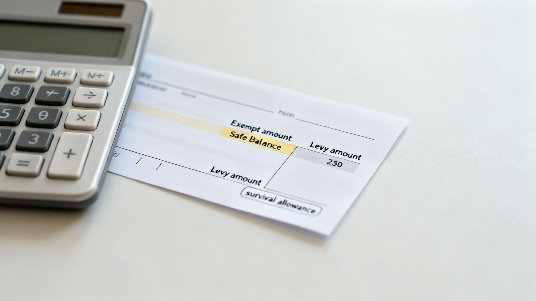 A calculator sits next to a document with sections for 'Exempt amount', 'Safe Balance', and 'Levy amount 250'.