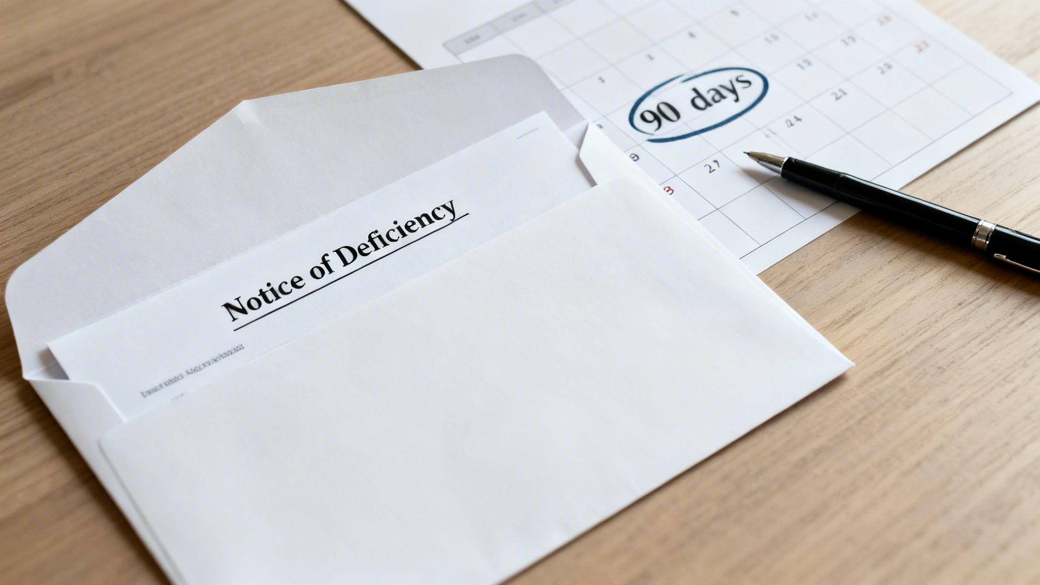 A document titled 'Notice of Deficiency' in an envelope, next to a calendar with '90 days' circled and a pen.