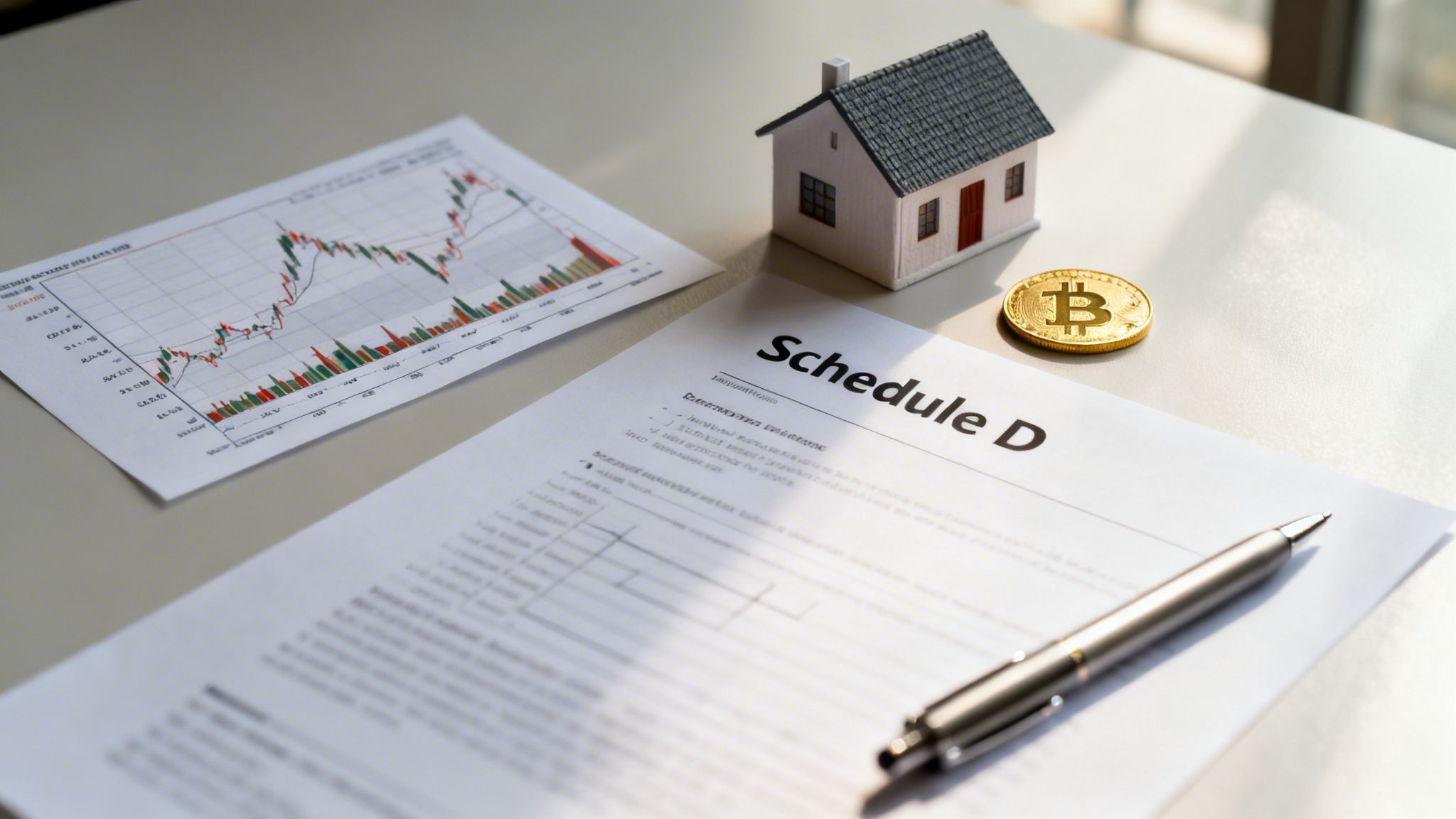 Schedule D tax form, a stock chart, a house model, and a Bitcoin coin on a desk, representing financial planning and diverse assets.