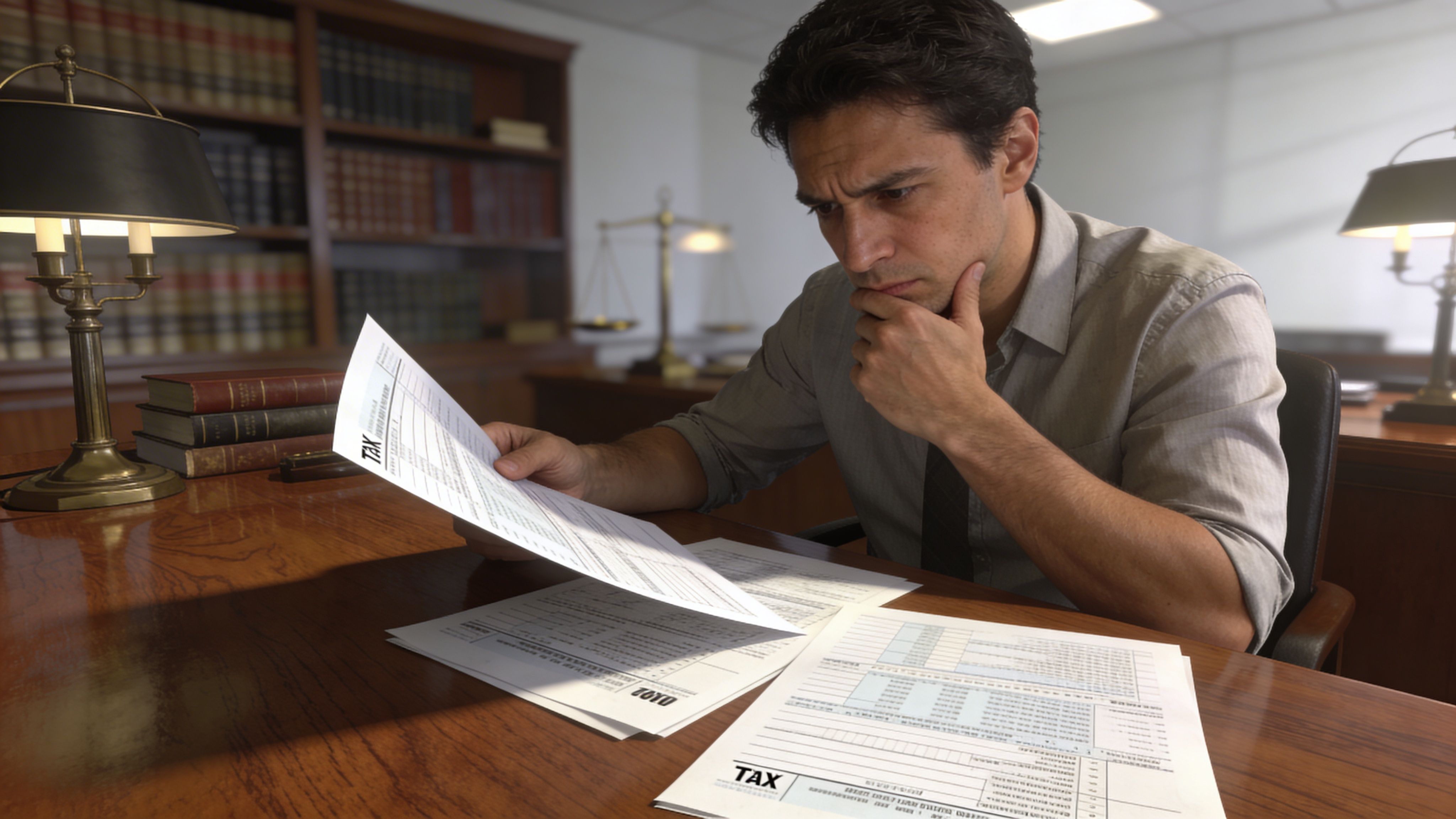 A focused man sitting at a desk in a law office reviewing complex tax forms.