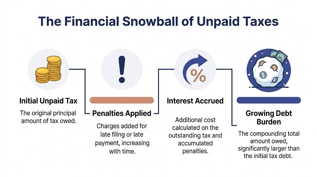A flow chart illustrating how unpaid tax debt grows over time due to penalties and interest.