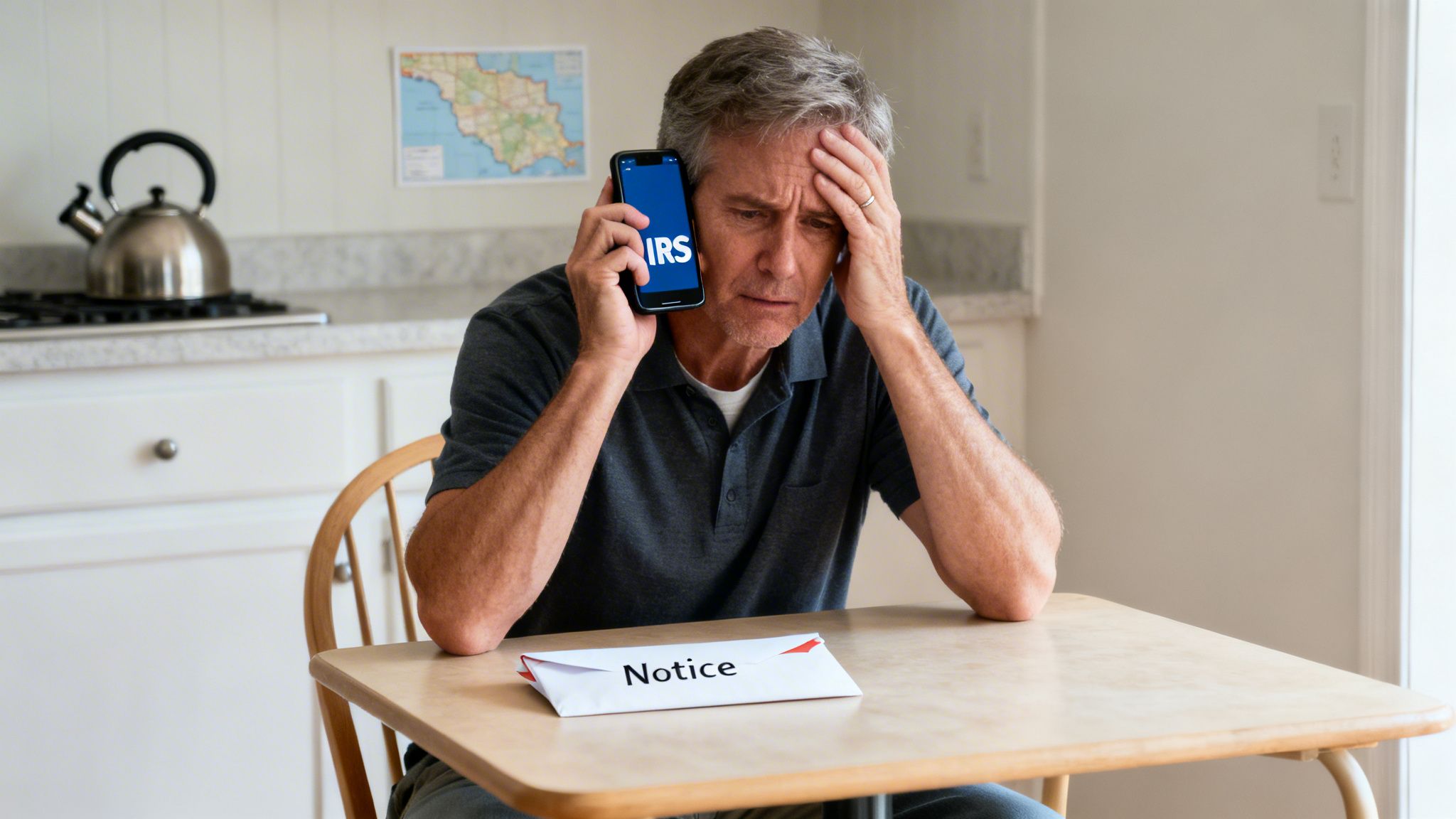 A stressed man on the phone with IRS, holding his head, with a notice envelope on the table.