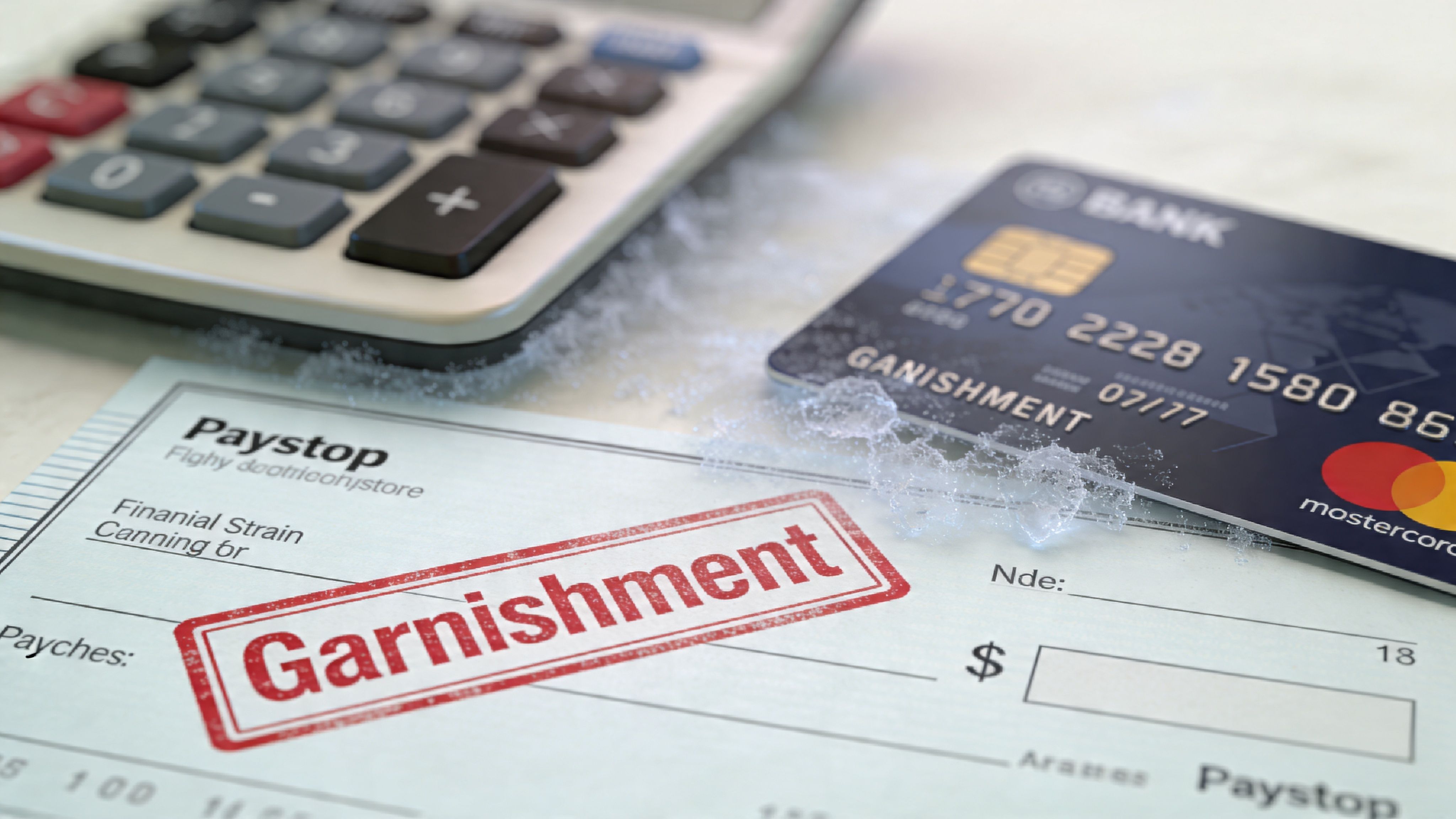 A calculator, credit card, and paycheck document stamped with the word Garnishment, representing wage debt collection.