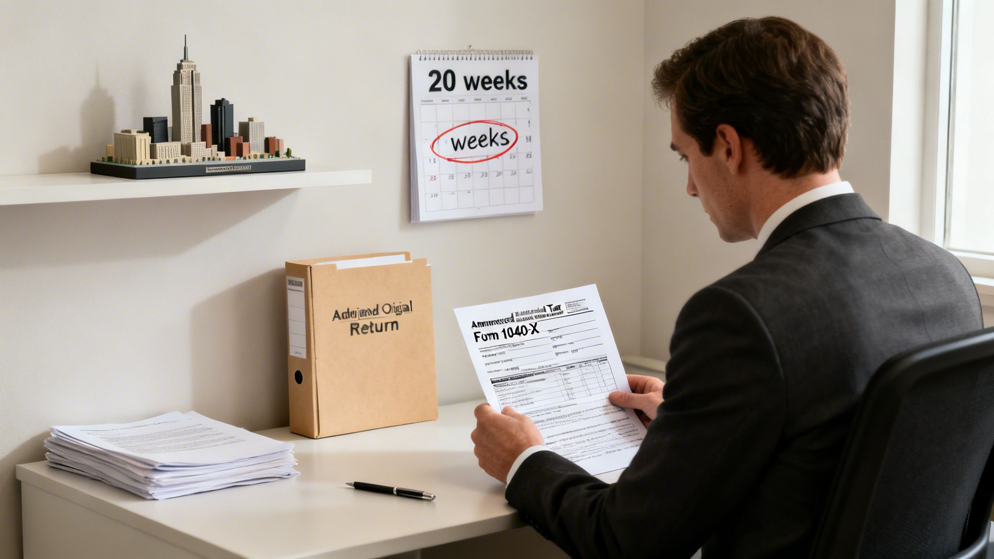 Man in suit reviewing an amended tax return form at a desk with a '20 weeks' calendar.