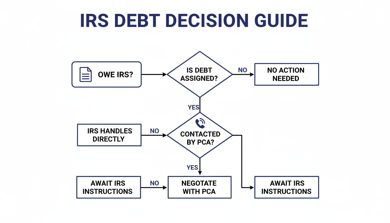 Flowchart guiding IRS debt decisions, covering assigned debt, PCA contact, and next steps for taxpayers.