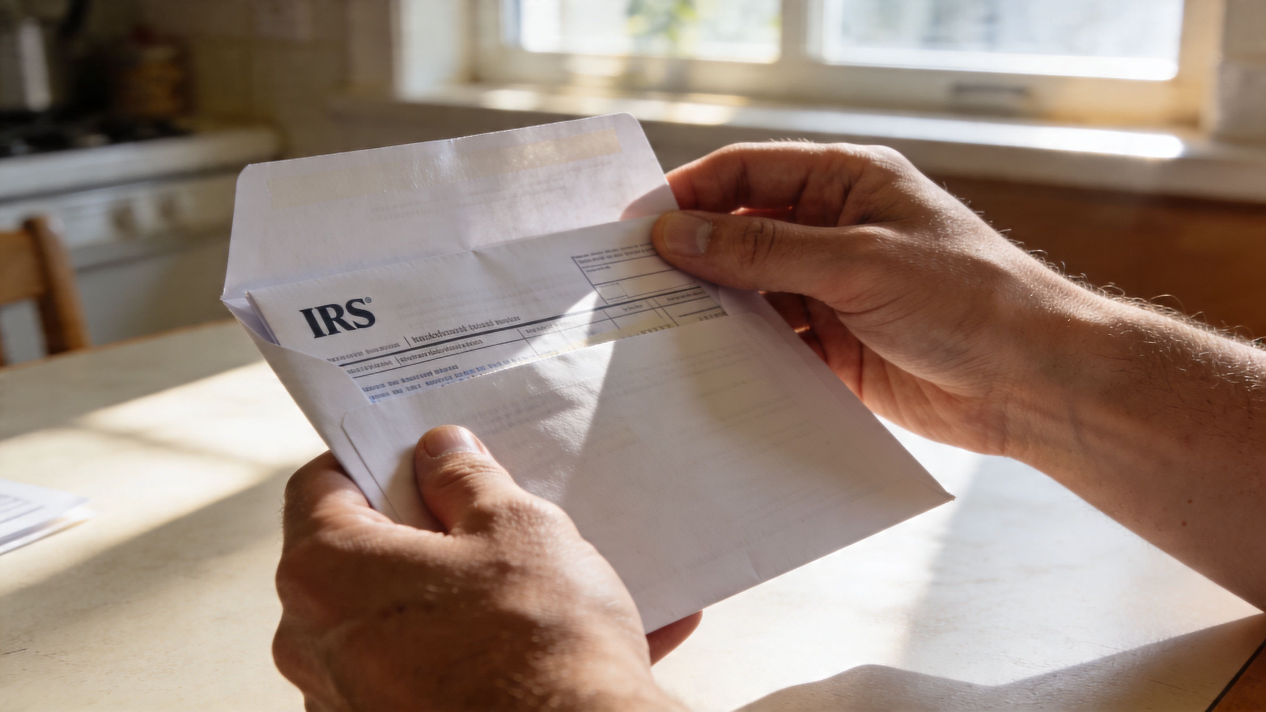 A pair of hands holding a white envelope containing a document with the IRS logo visible.