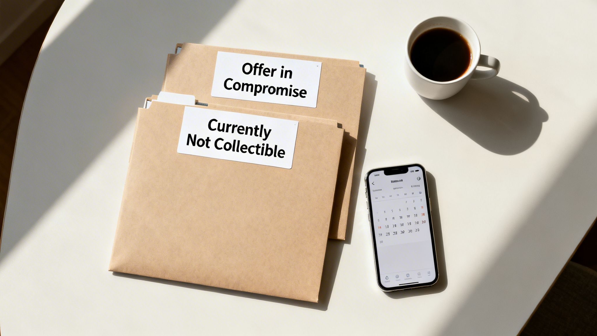 Table with two folders labeled Offer in Compromise and Currently Not Collectible, a phone displaying a calendar, and a coffee cup.