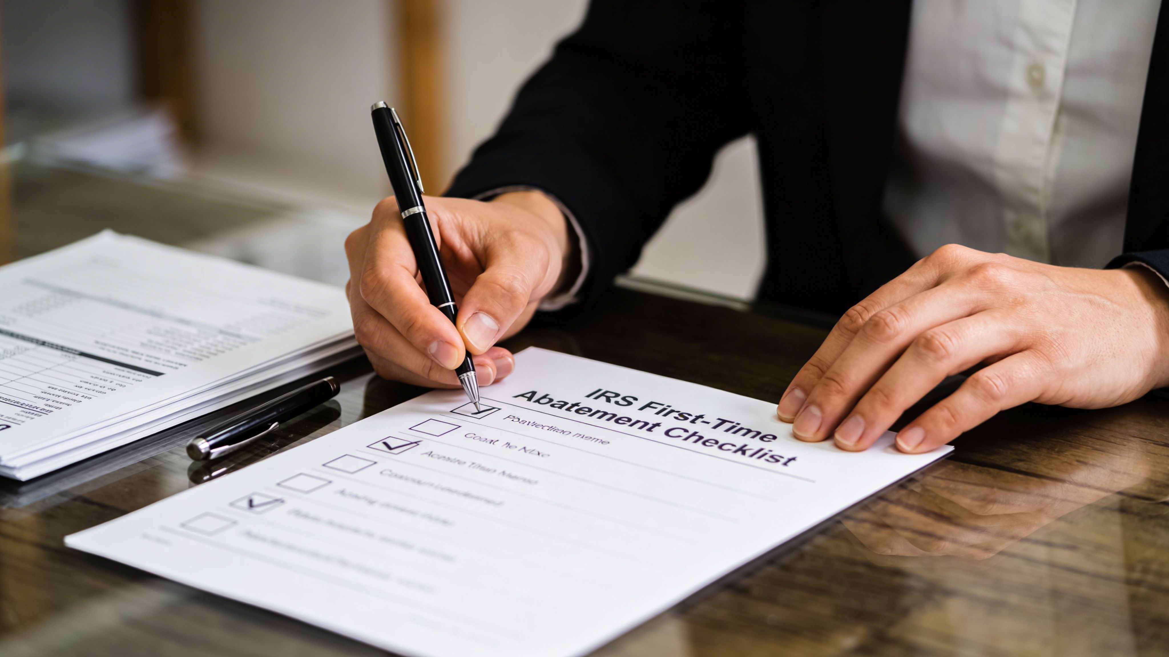A professional in a business suit completing an IRS First-Time Abatement Checklist on a wooden desk.