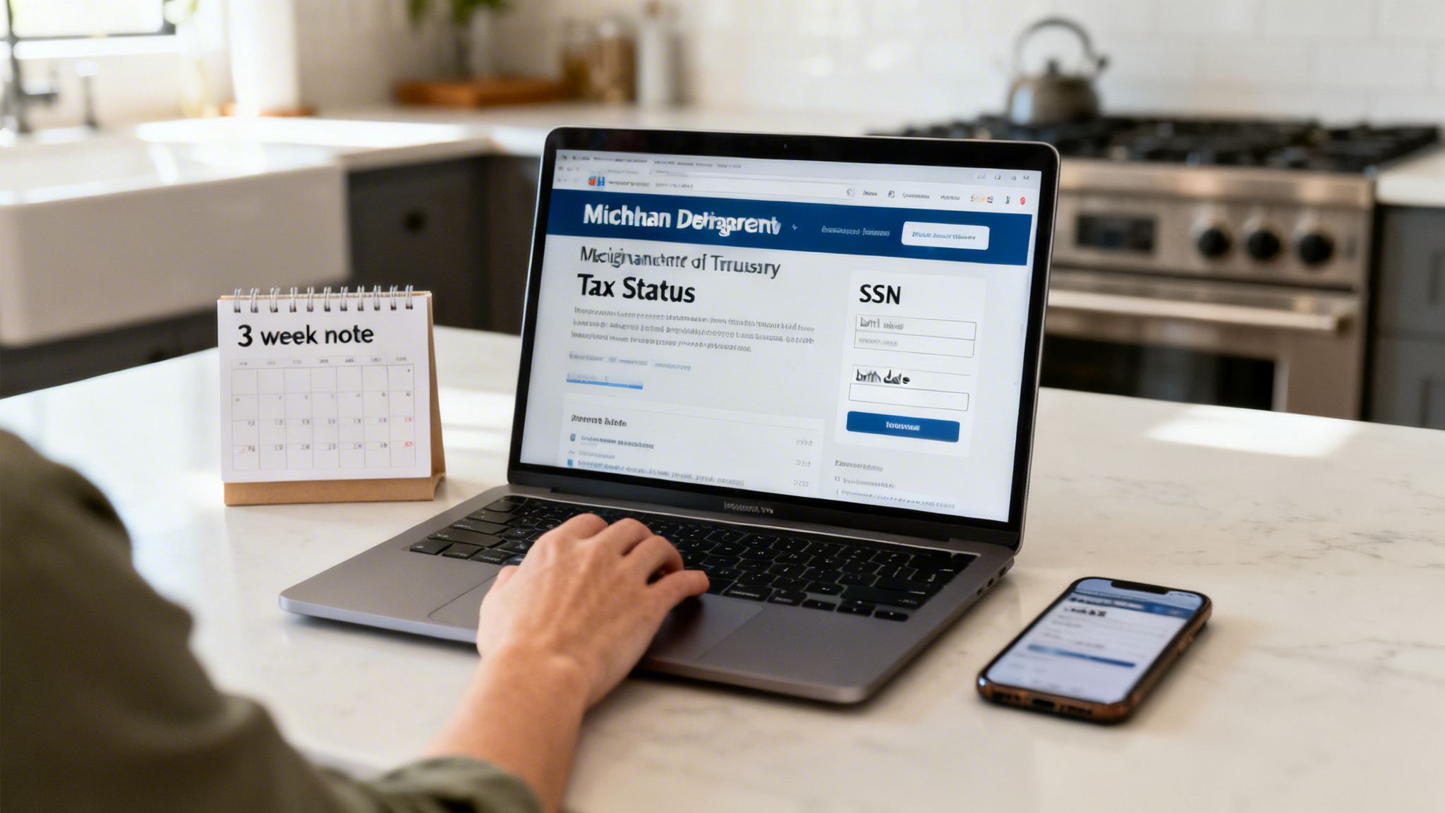 Person checking tax status online on a laptop, with a '3 week note' calendar and a smartphone nearby.