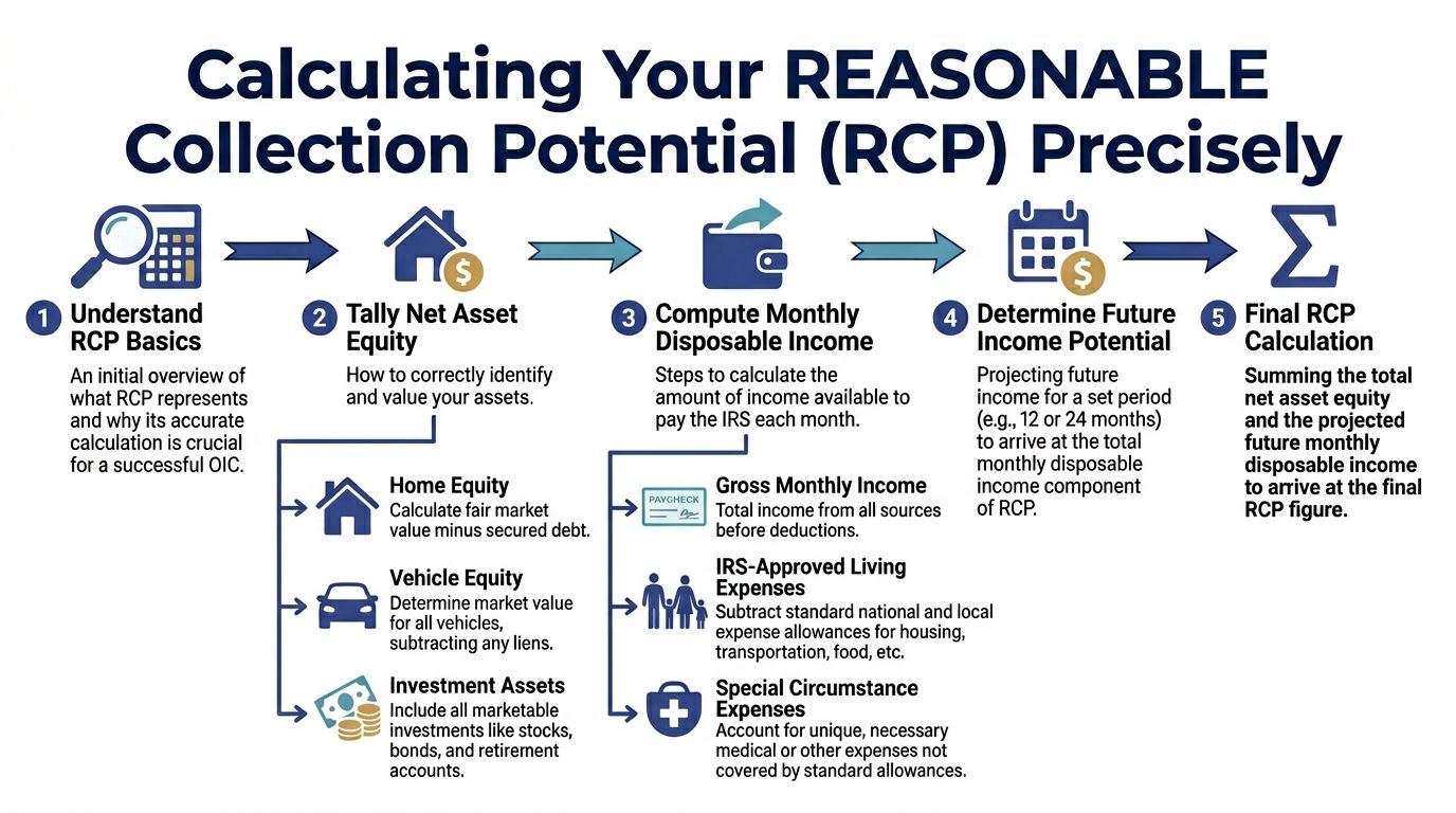 A five-step infographic showing the process for calculating reasonable collection potential for an IRS offer in compromise.