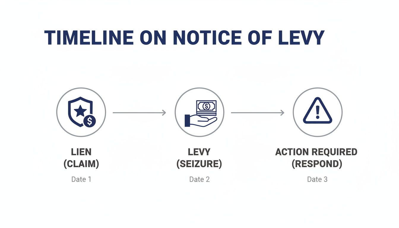 Timeline illustrating the notice of levy process: lien (claim), levy (seizure), and required action (respond).