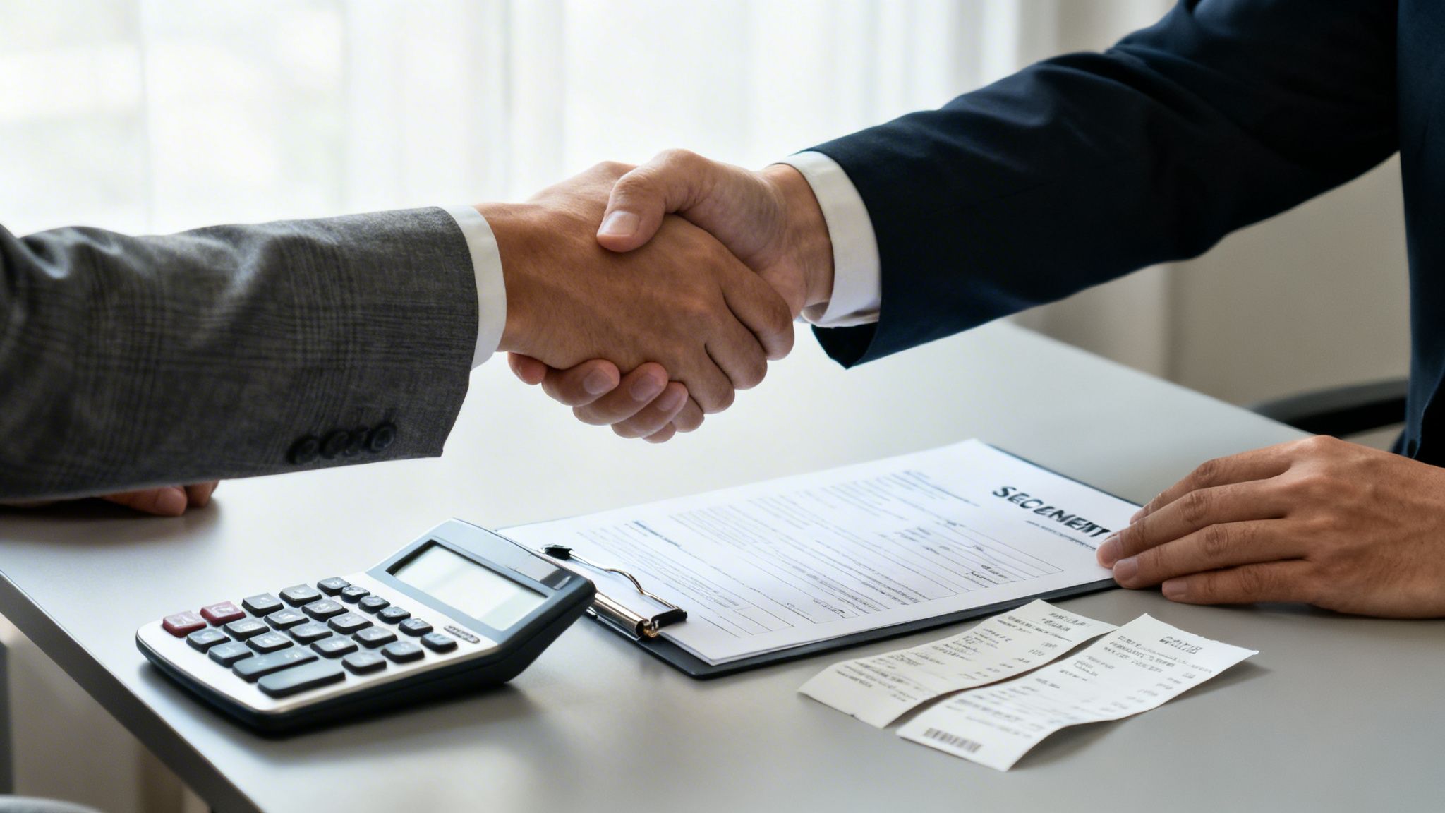 Two business people in suits shake hands across a table with a calculator and documents, symbolizing a deal.