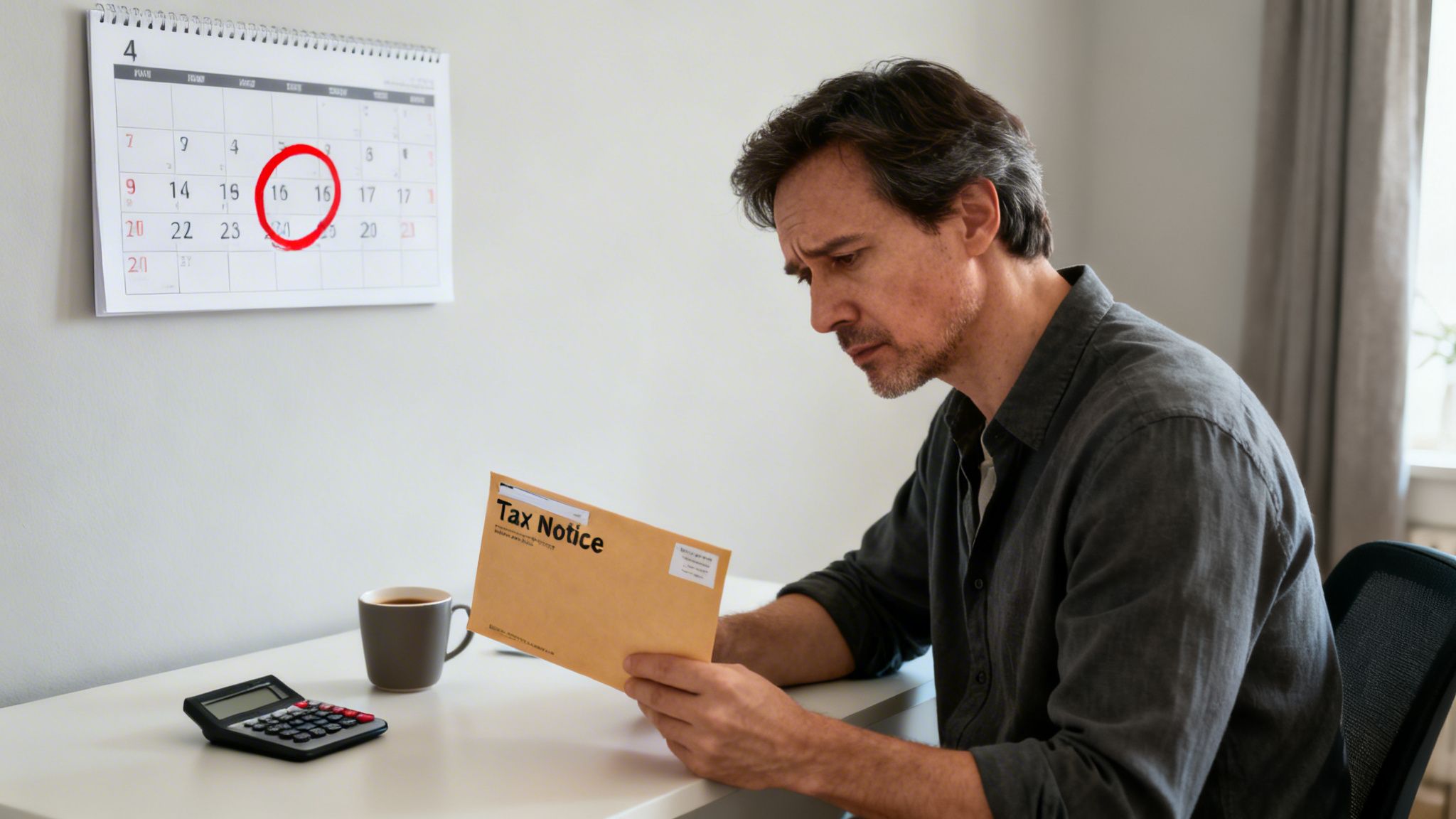 A concerned man reads a 'Tax Notice' letter with a calculator nearby, calendar showing April circled.