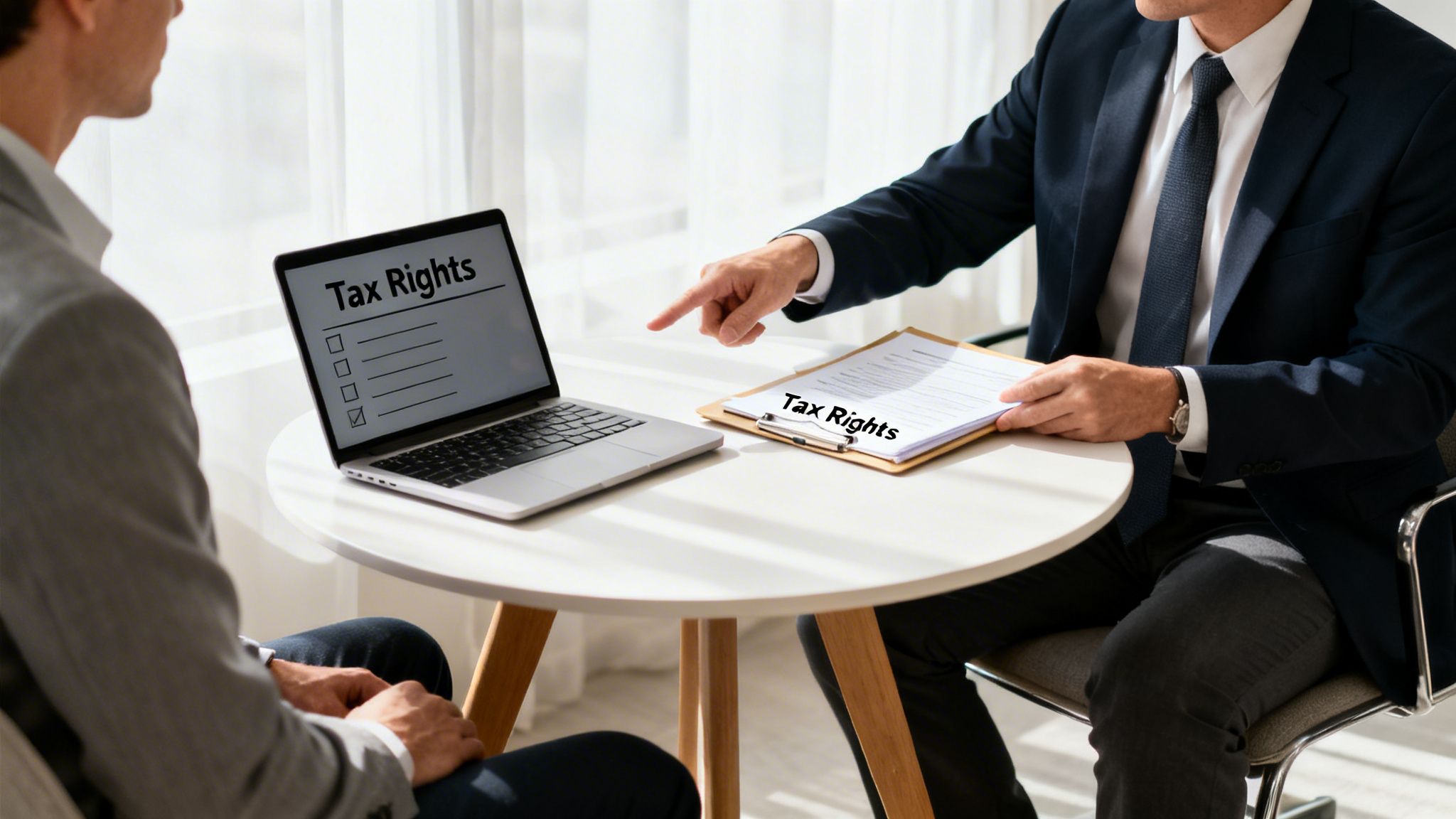 Two men at a table discussing tax rights, with one pointing to a laptop screen.