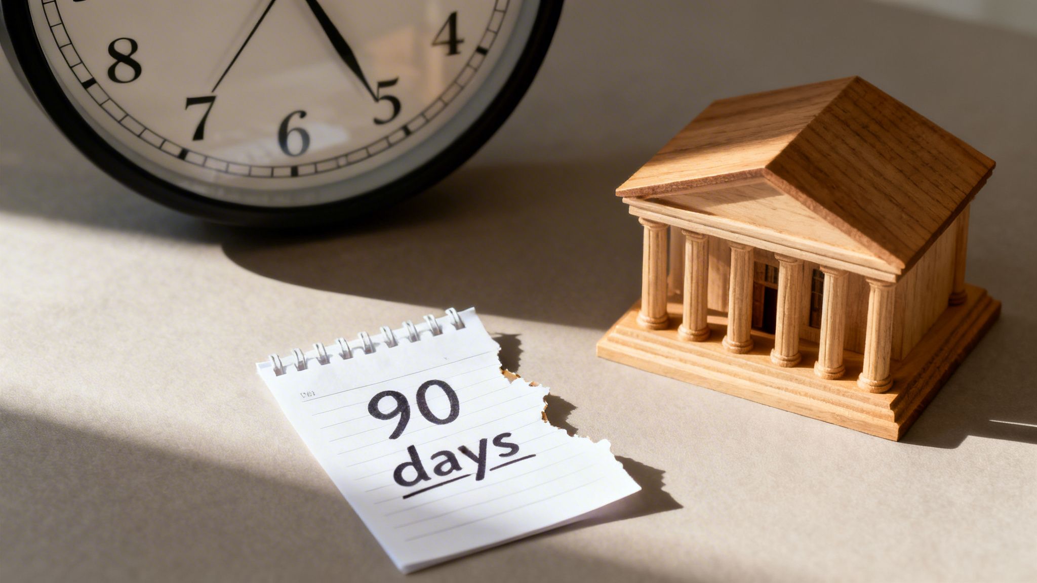 A torn paper with '90 days' next to a wooden building model and a clock, symbolizing time limits.