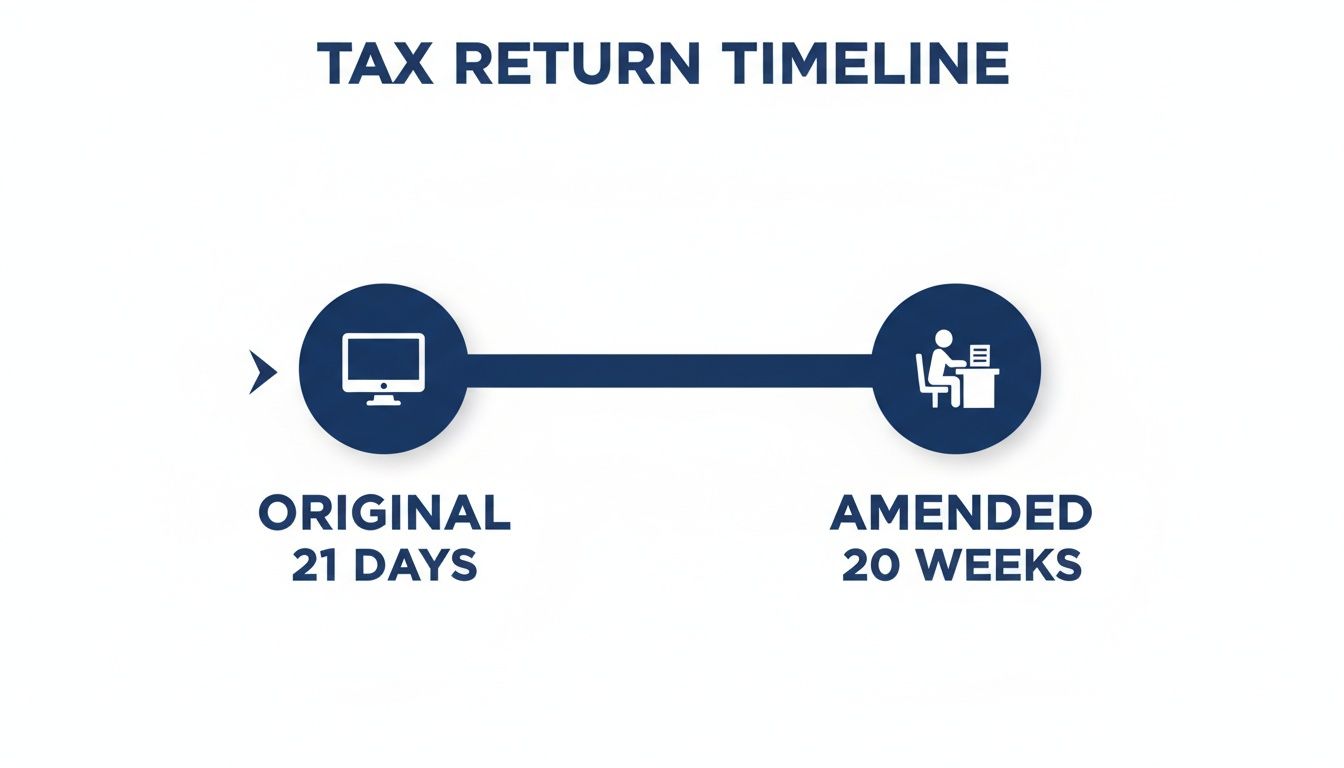Timeline showing original tax returns process in 21 days, while amended returns take 20 weeks.