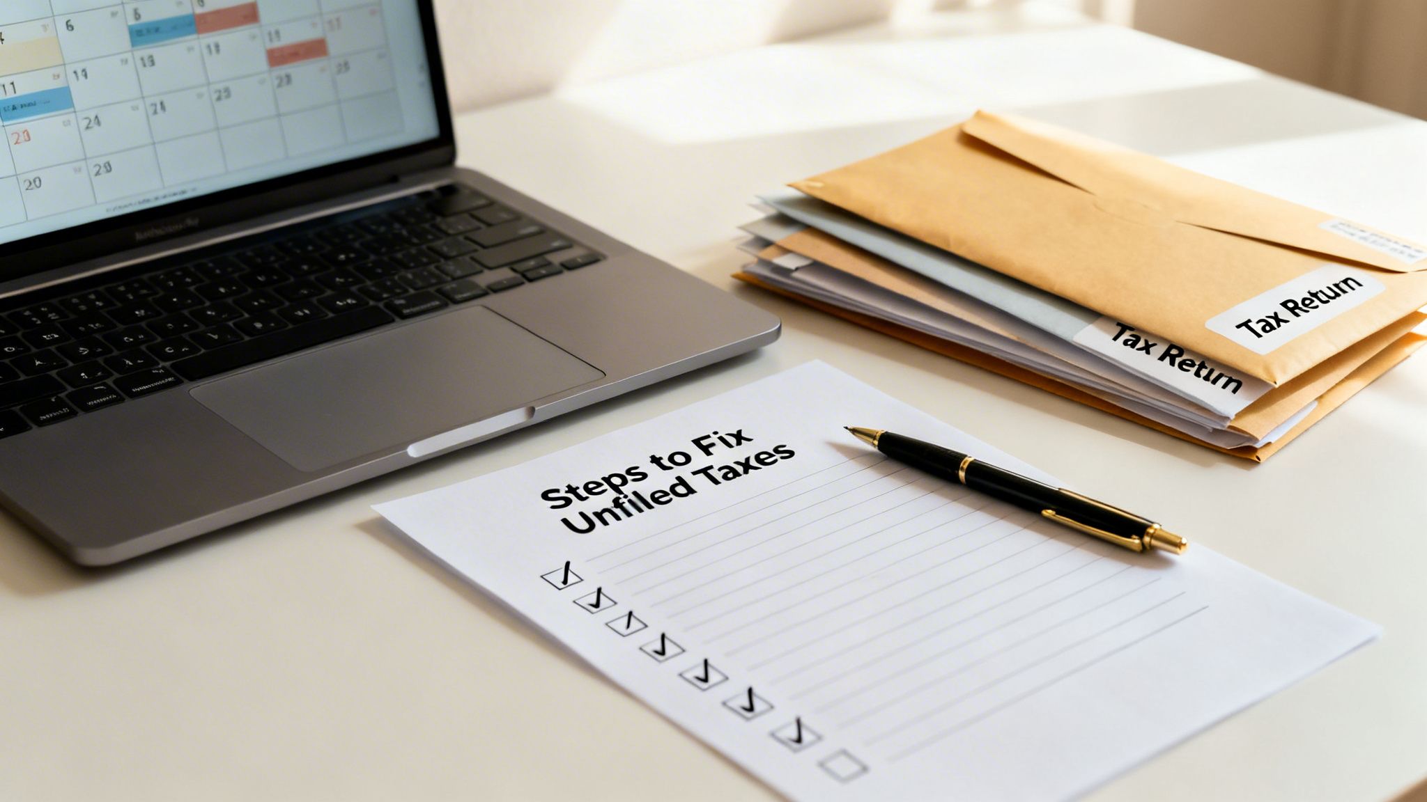 A desk with a laptop, tax return envelopes, and a checklist for unfiled taxes.
