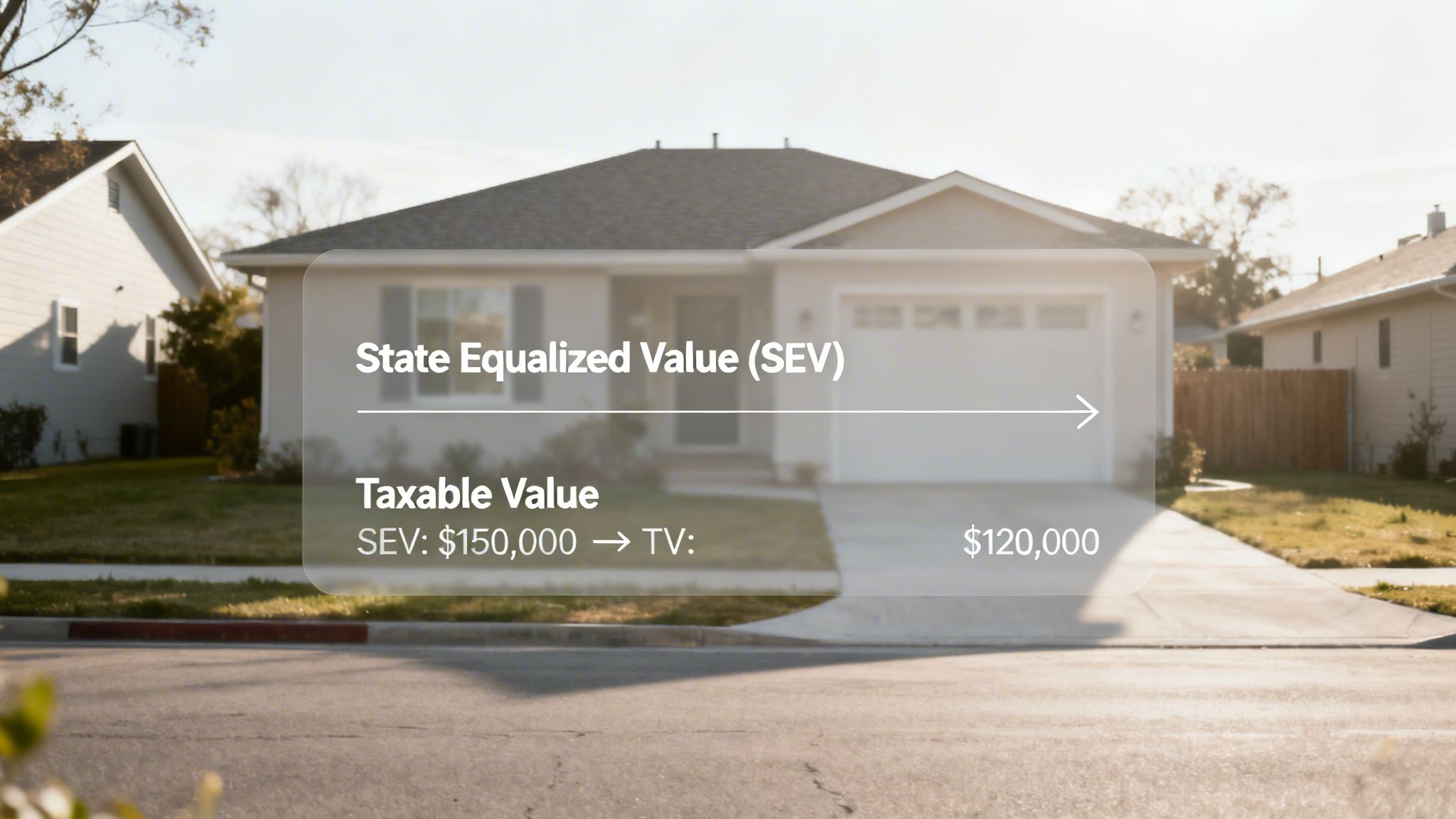 A house with a text overlay illustrating Michigan property tax calculation from SEV $150,000 to TV $120,000.