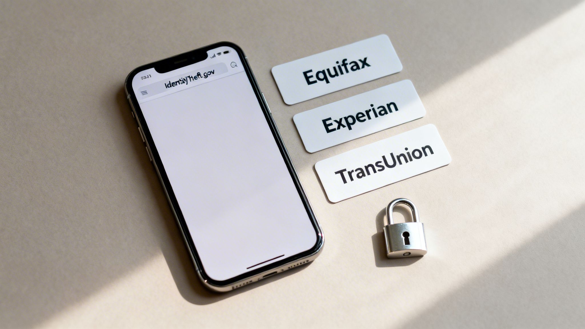 Smartphone displaying IdentityTheft.gov, credit bureau cards (Equifax, Experian, TransUnion), and a padlock.