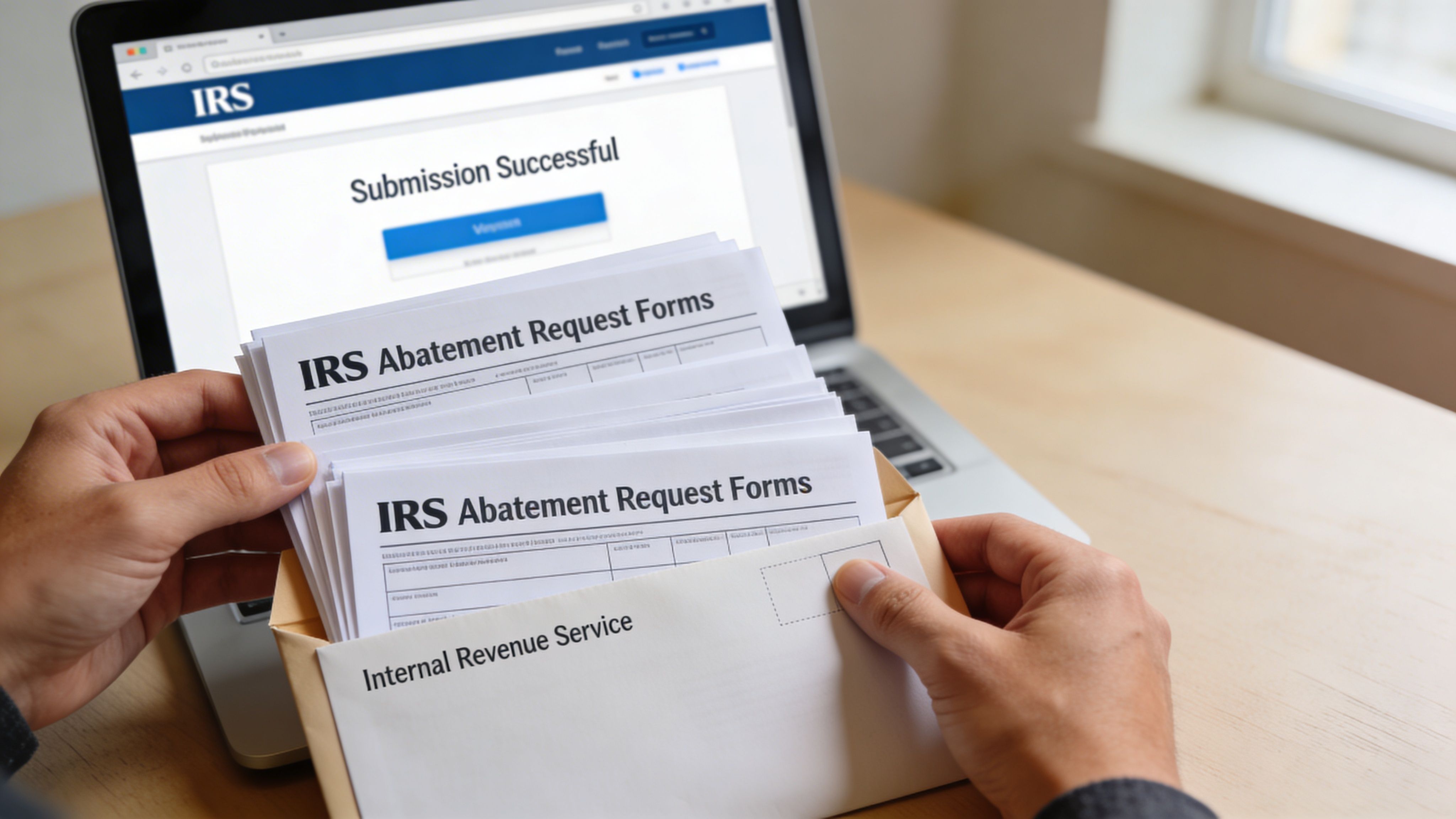 A person placing IRS Abatement Request Forms into an official envelope in front of a laptop computer.