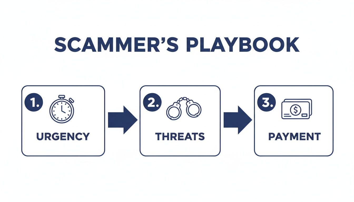Infographic illustrates the scammer's playbook steps: urgency (stopwatch), threats (handcuffs), and payment (money).