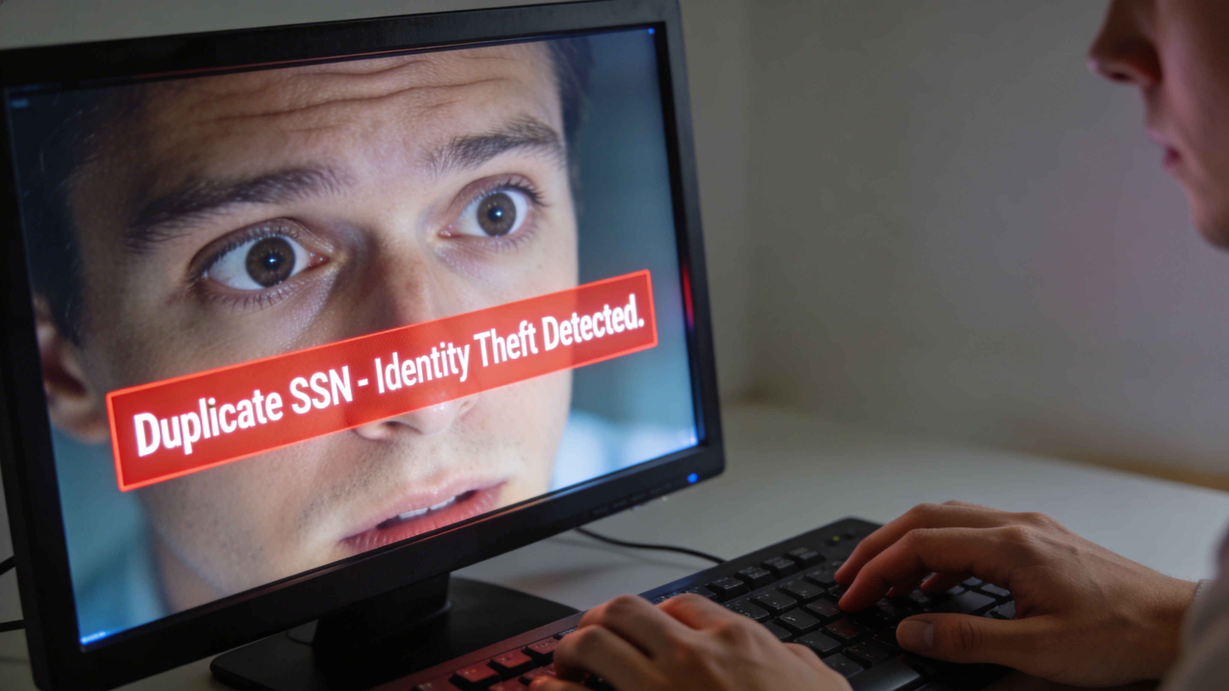 A person sitting at a computer seeing an identity theft alert for a duplicate social security number.