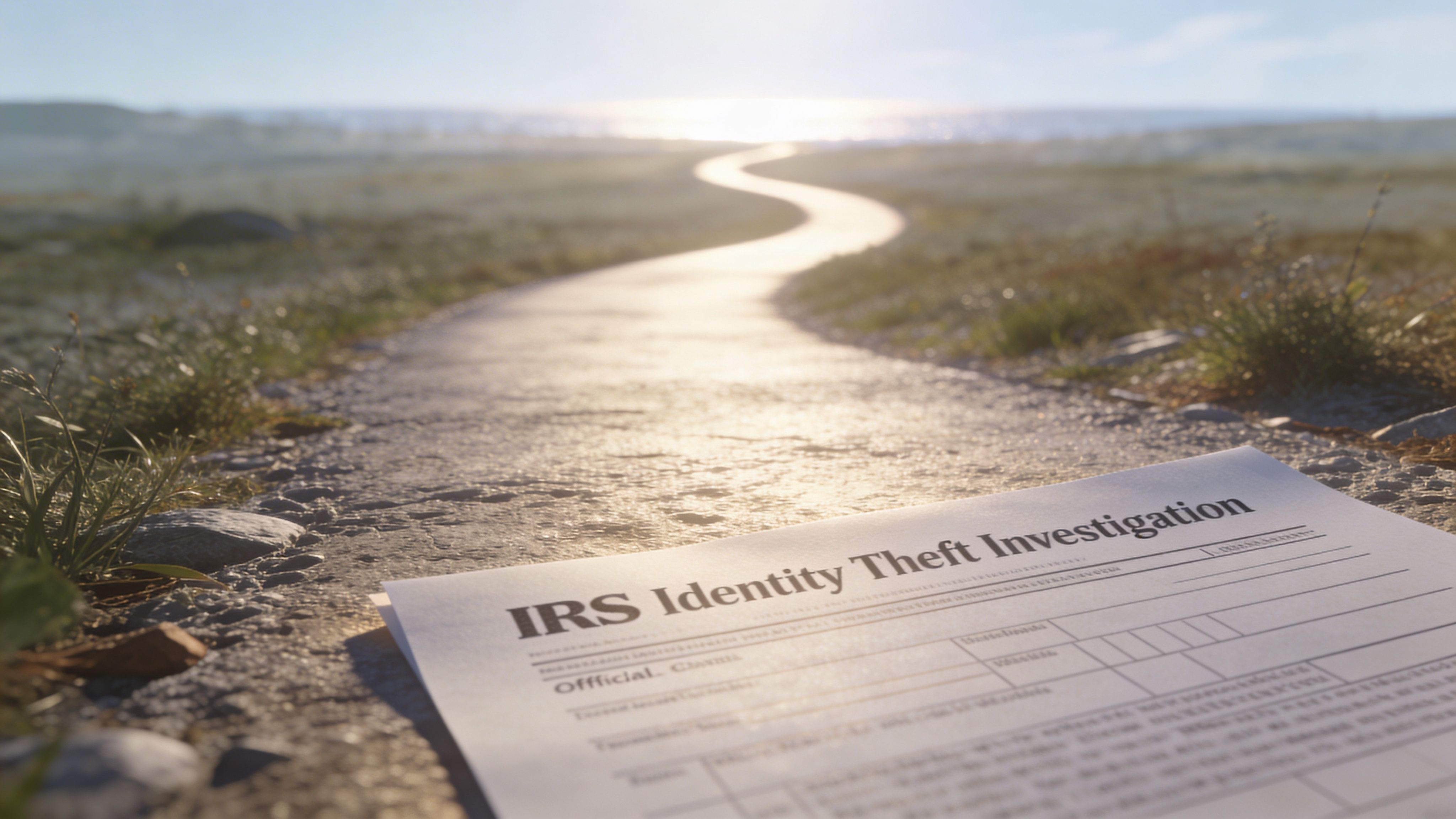 A document titled IRS Identity Theft Investigation lying on a path leading toward a bright sunny horizon.